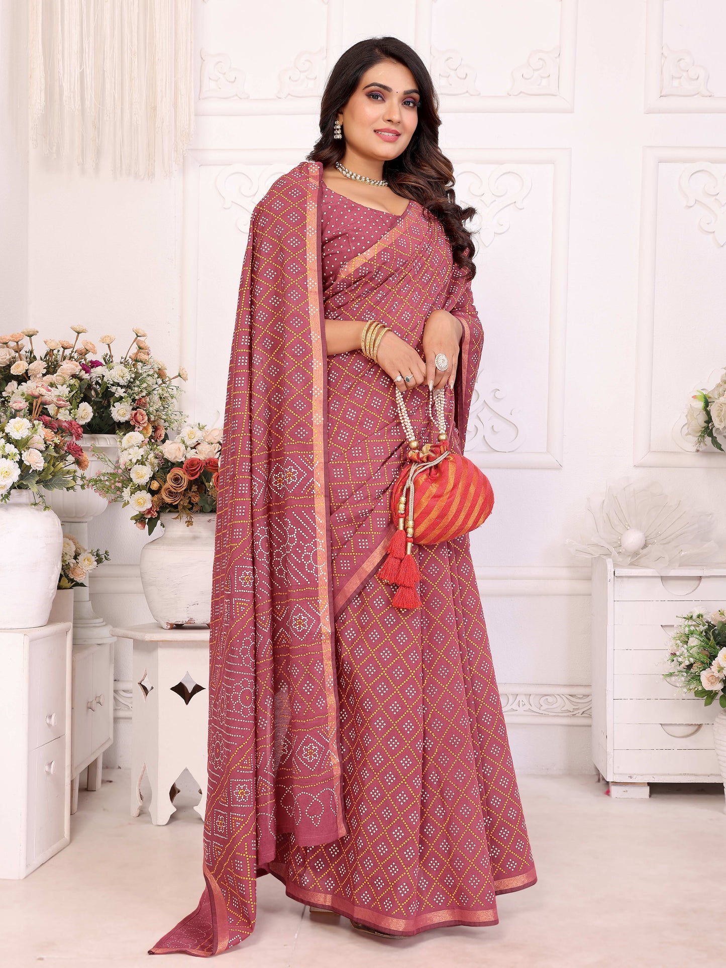 Maroon Amba Pure Patola And Bandhej Pattern Soft Cotton Light Weight Saree
