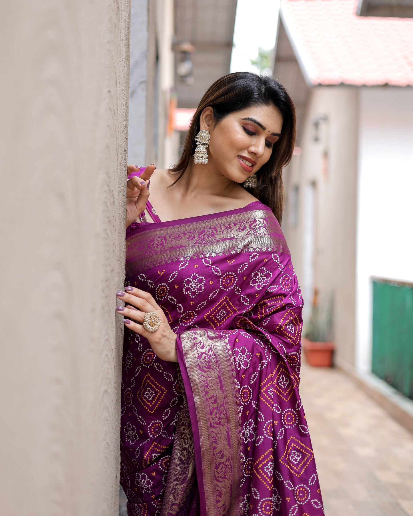 Purple Pushpavati Soft Dola Silk Bandhej Sarees With Kanchi Weaving Border With Multicolour Bandhej Block Print Design