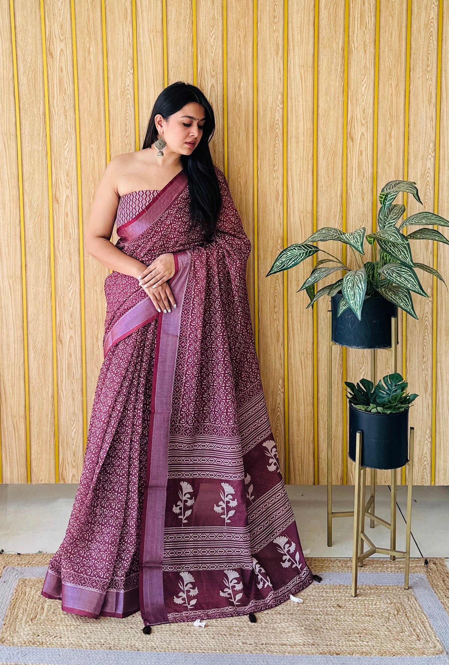 Wine Aarya-2 Soft Linen Cotton Digital Print Sarees With Batik Print With Silver Border