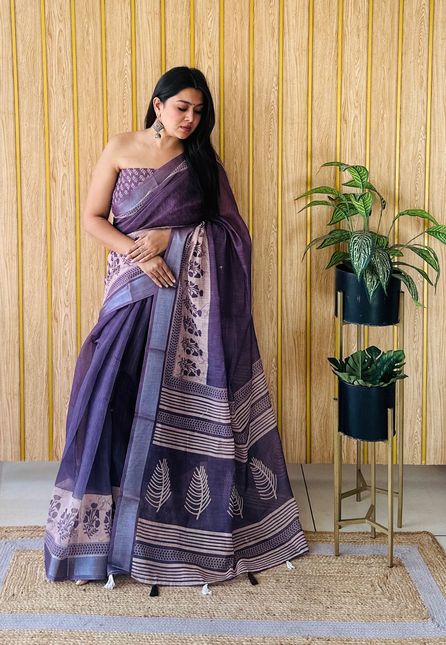 Lime Purple Aarya-3 Soft Linen Cotton Digital Print Sarees With Batik Print With Silver Border
