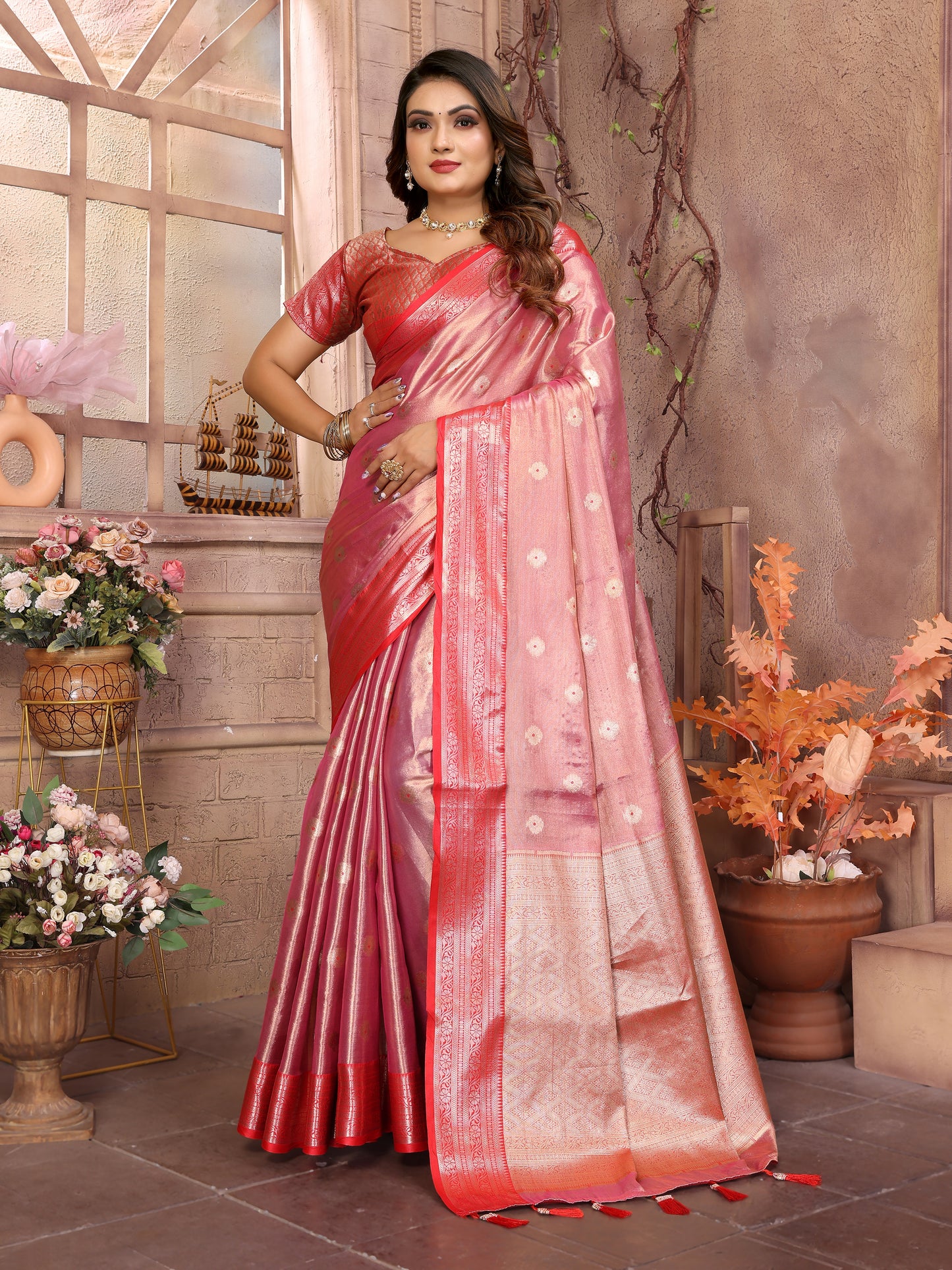 Peach Anita Handloom Tissue Silk Sarees with Zari Weaving Designs and Zari borders Rich Pallu