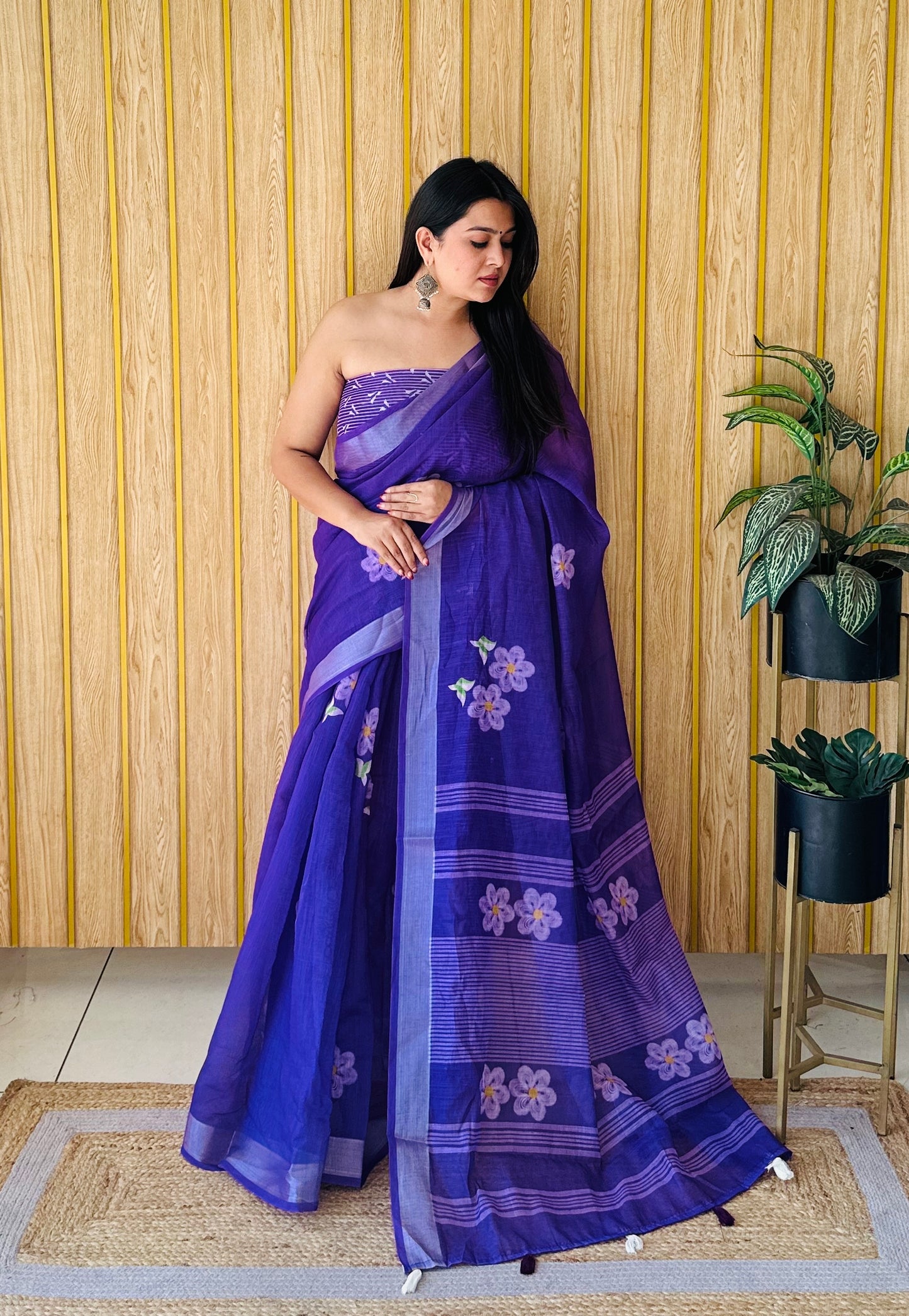 Purple Muskan Soft Linen Cotton Digital Print Sarees With Batik Print With Silver Border