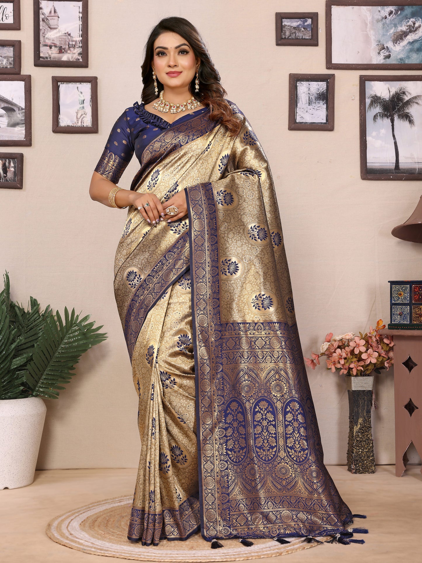 Blue Mahek Handloom Tissue Silk Sarees with Zari Weaving and Contrast Zari borders