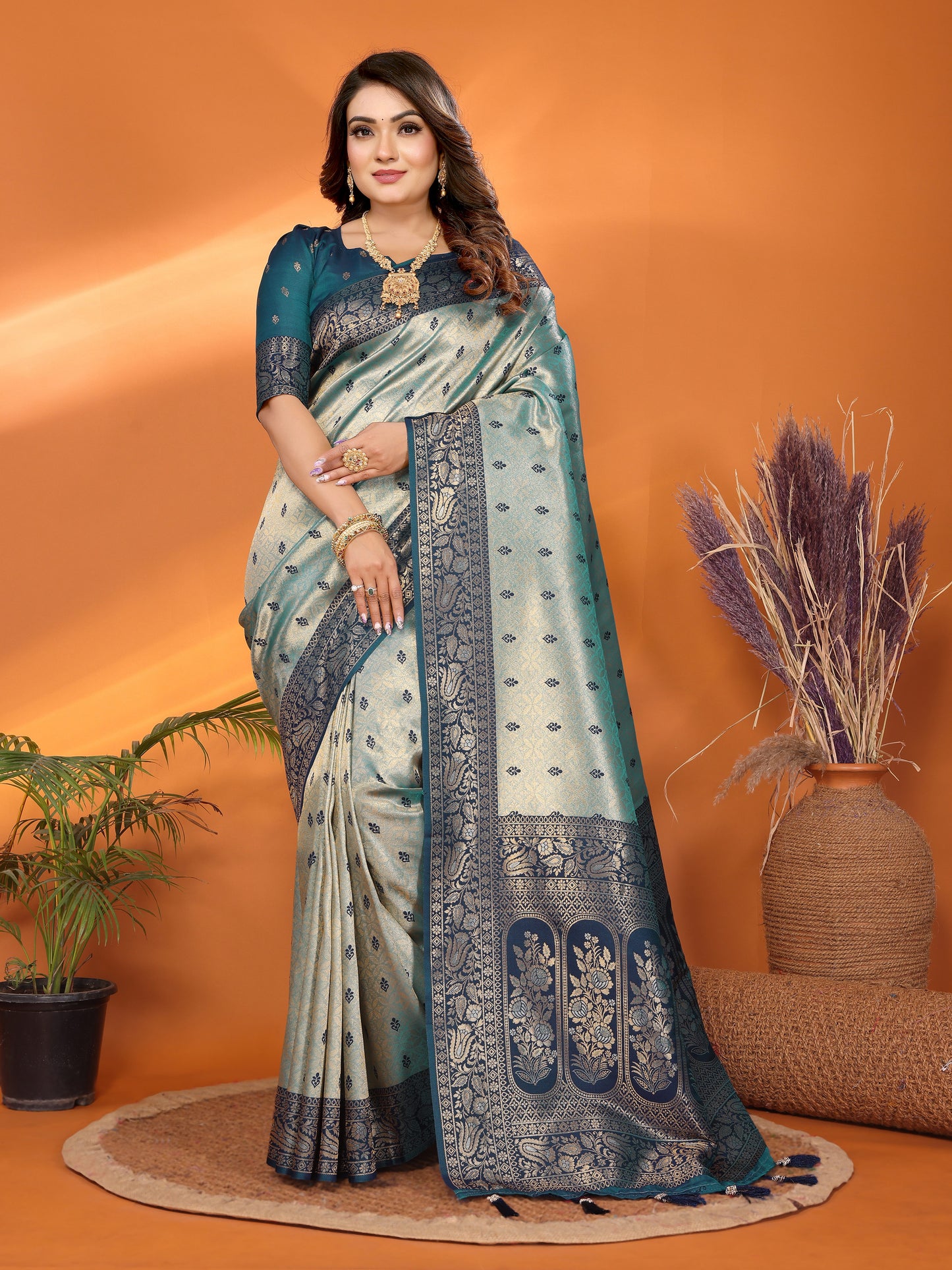 Teal Devika Handloom Tissue Silk Sarees with Zari Weaving and Contrast Zari woven borders