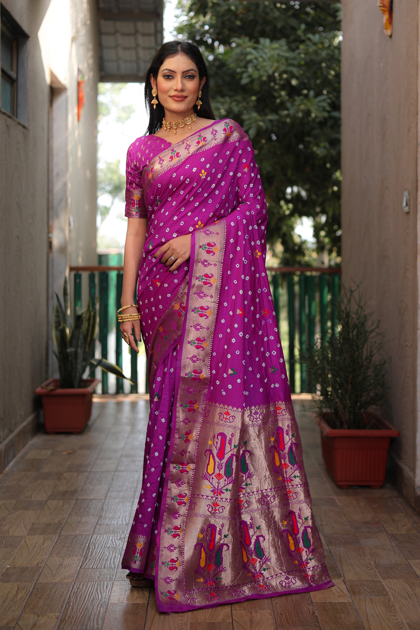 Purple Yogeshwari Dola Soft Silk Bandhej Saree With Jari Border & Weaving Paithani Style Rich Pallu