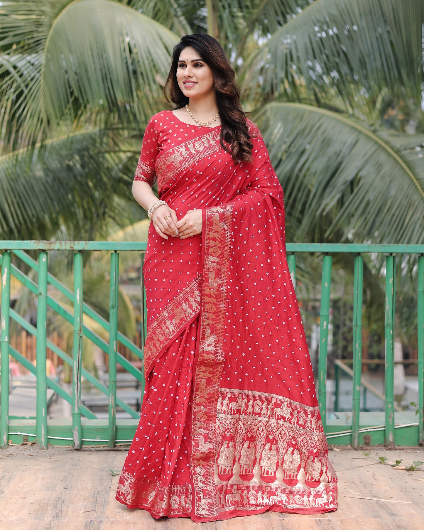Red Mausami Pure Bandhej Silk Saree With Zari Weaving Border & Rich Pallu With Beautiful Design And Broad Border