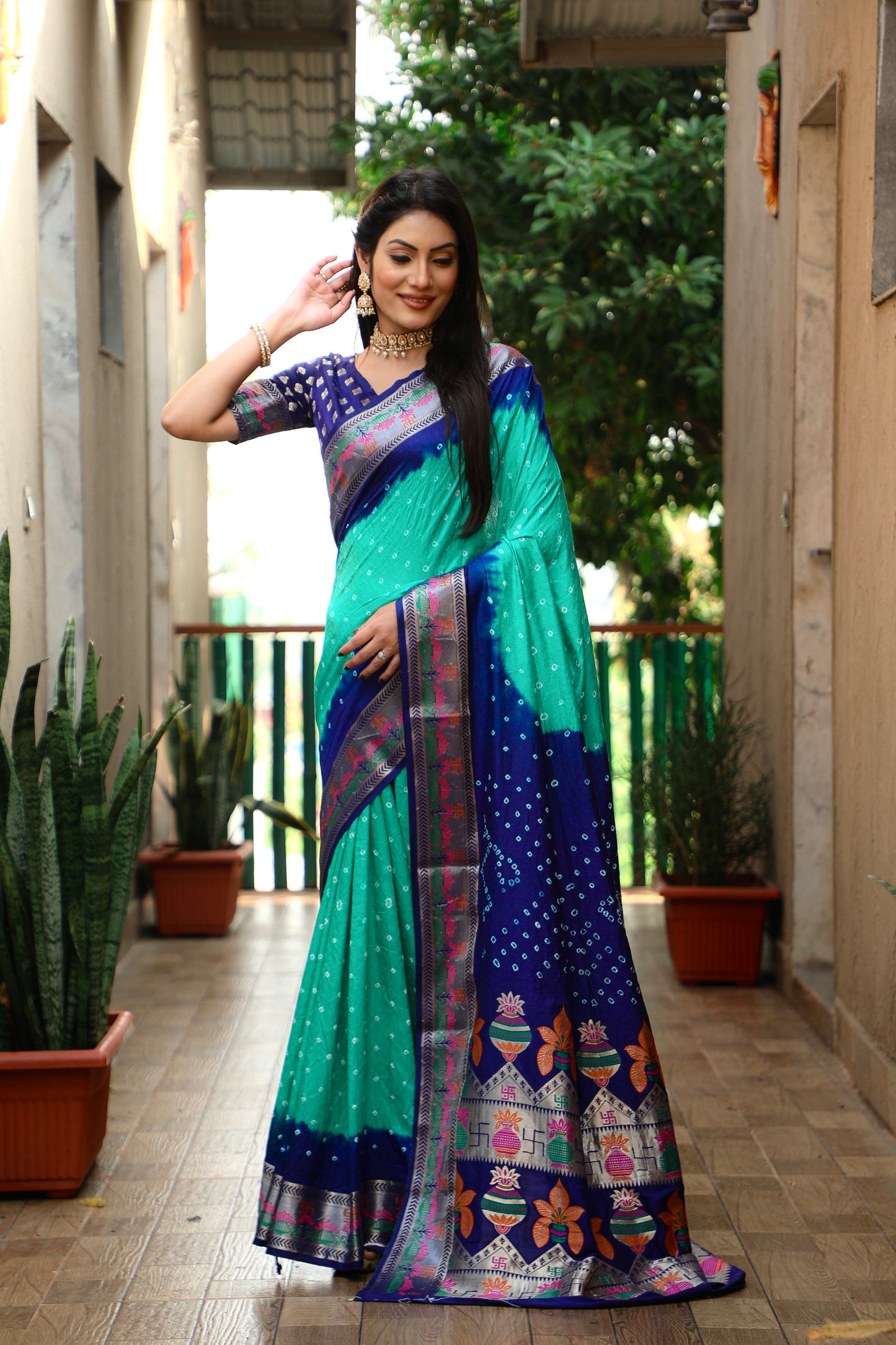 Sky Swastik Pure Bandhej Silk Saree With Minakari Border Kalash & Swastik Design Rich Pallu Saree