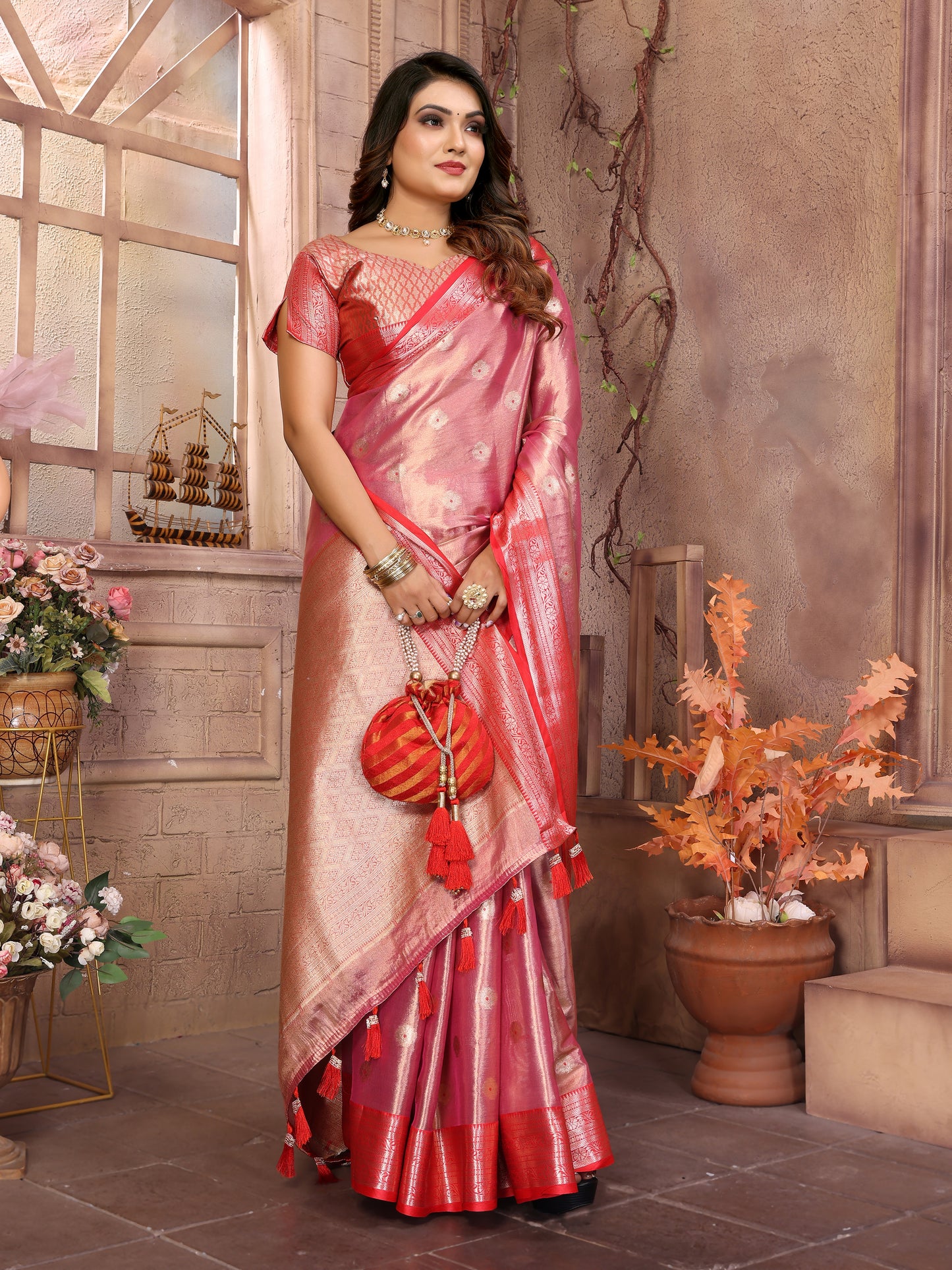 Peach Anita Handloom Tissue Silk Sarees with Zari Weaving Designs and Zari borders Rich Pallu