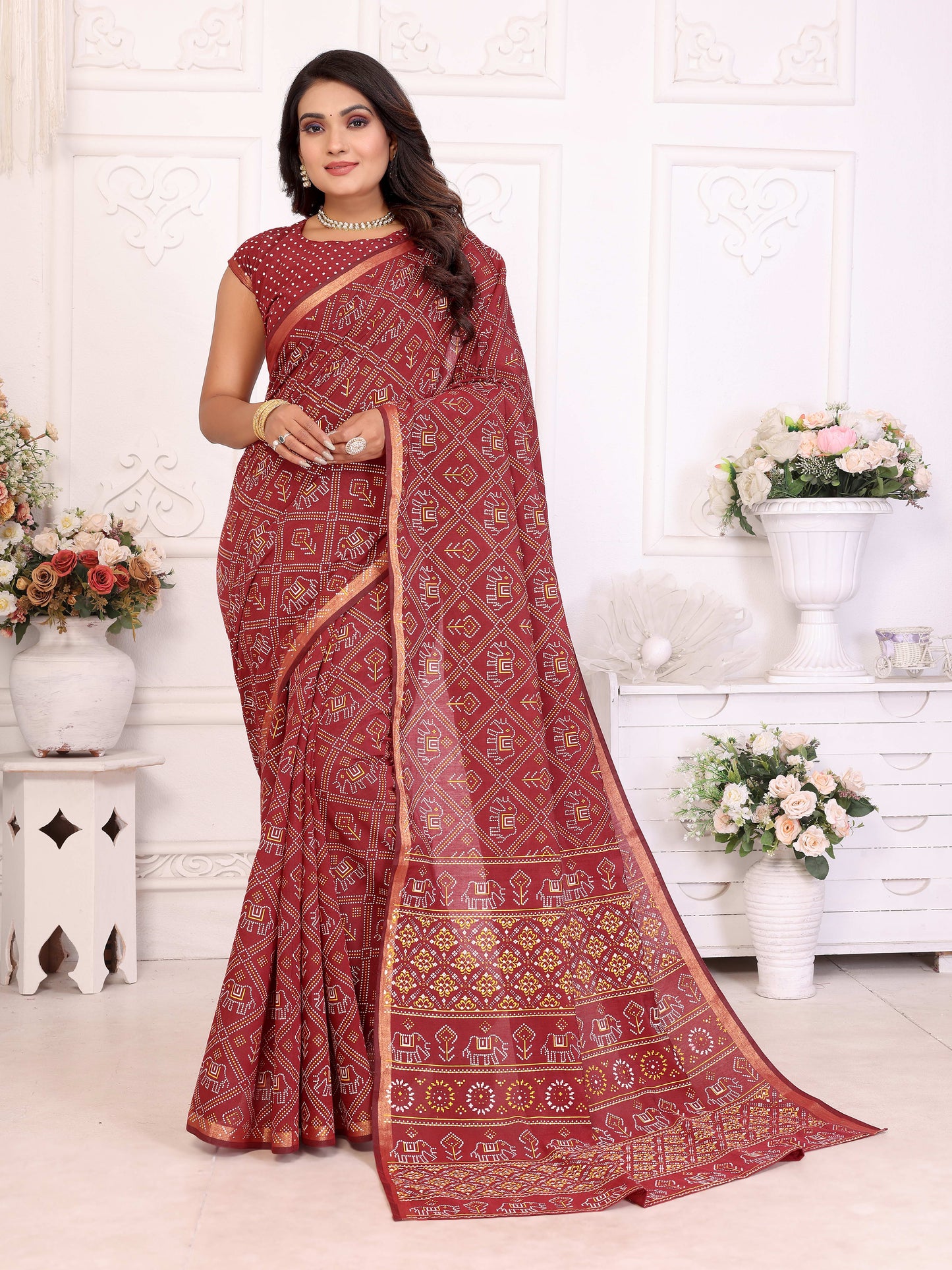 Maroon Ambika Pure Patola And Bandhej Pattern Soft Cotton Light Weight Saree