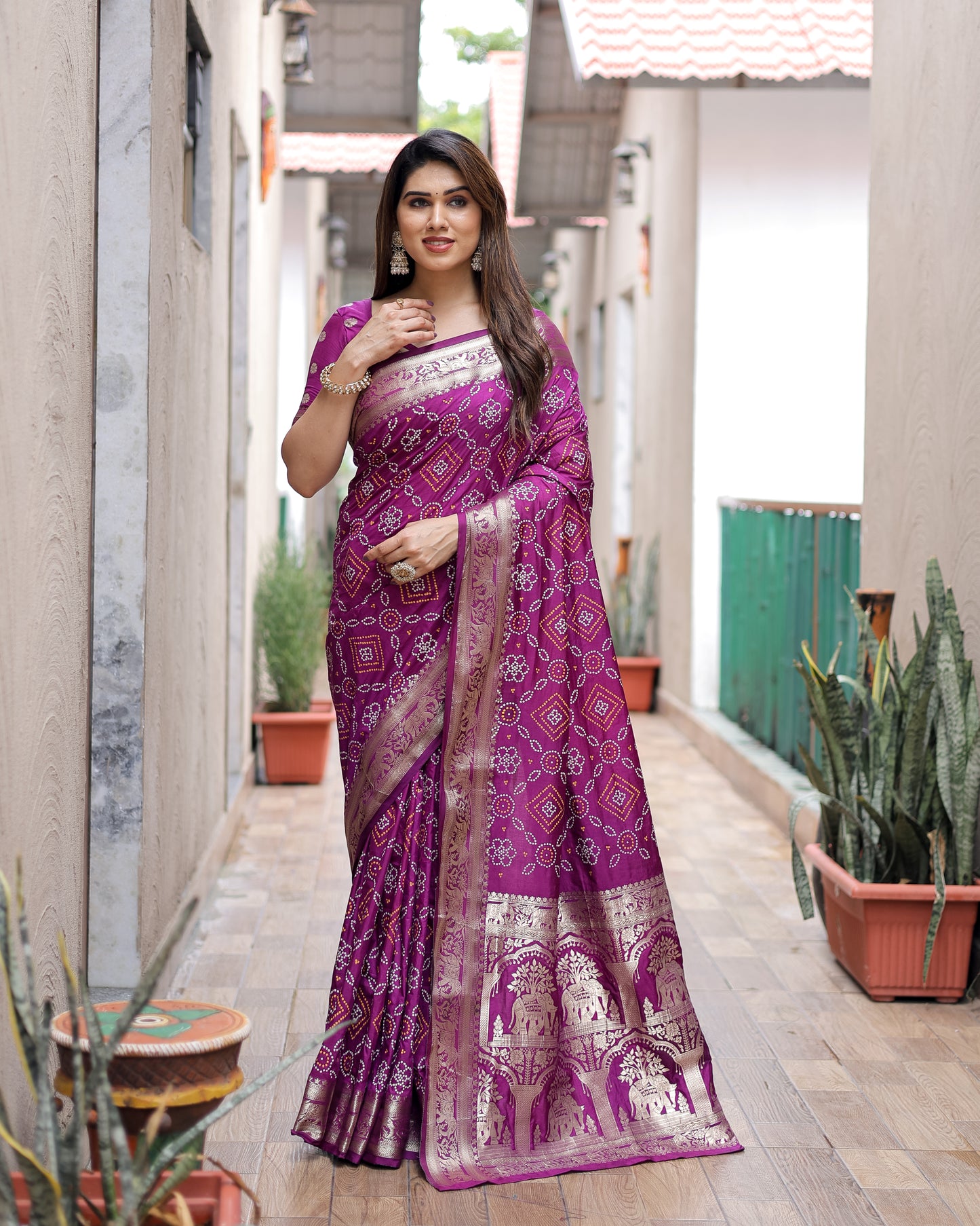 Purple Pushpavati Soft Dola Silk Bandhej Sarees With Kanchi Weaving Border With Multicolour Bandhej Block Print Design