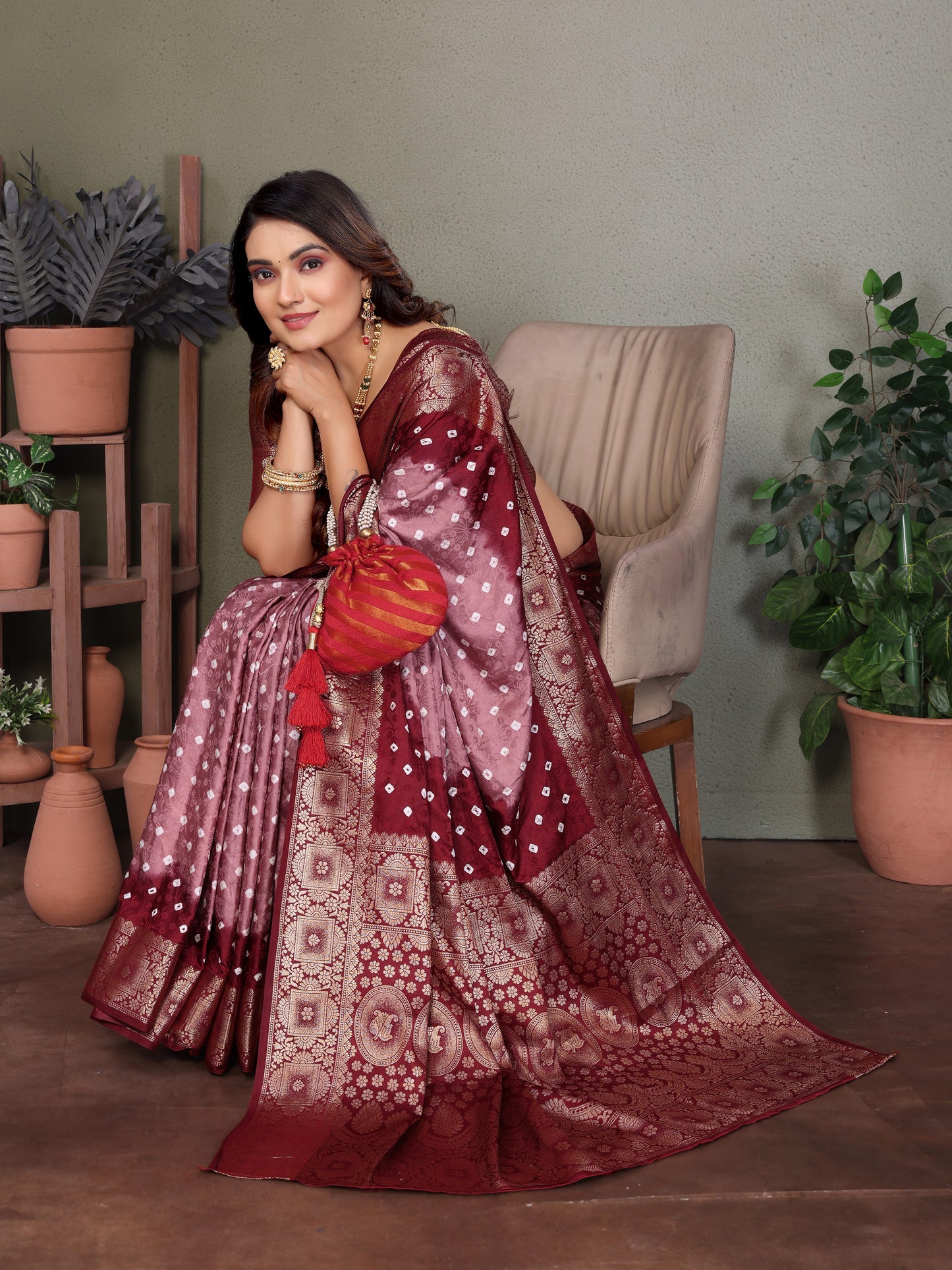 Light Pink Satyavati Bandhej Satin Silk Saree Made By Original Bandhej With Zari Weaving Border