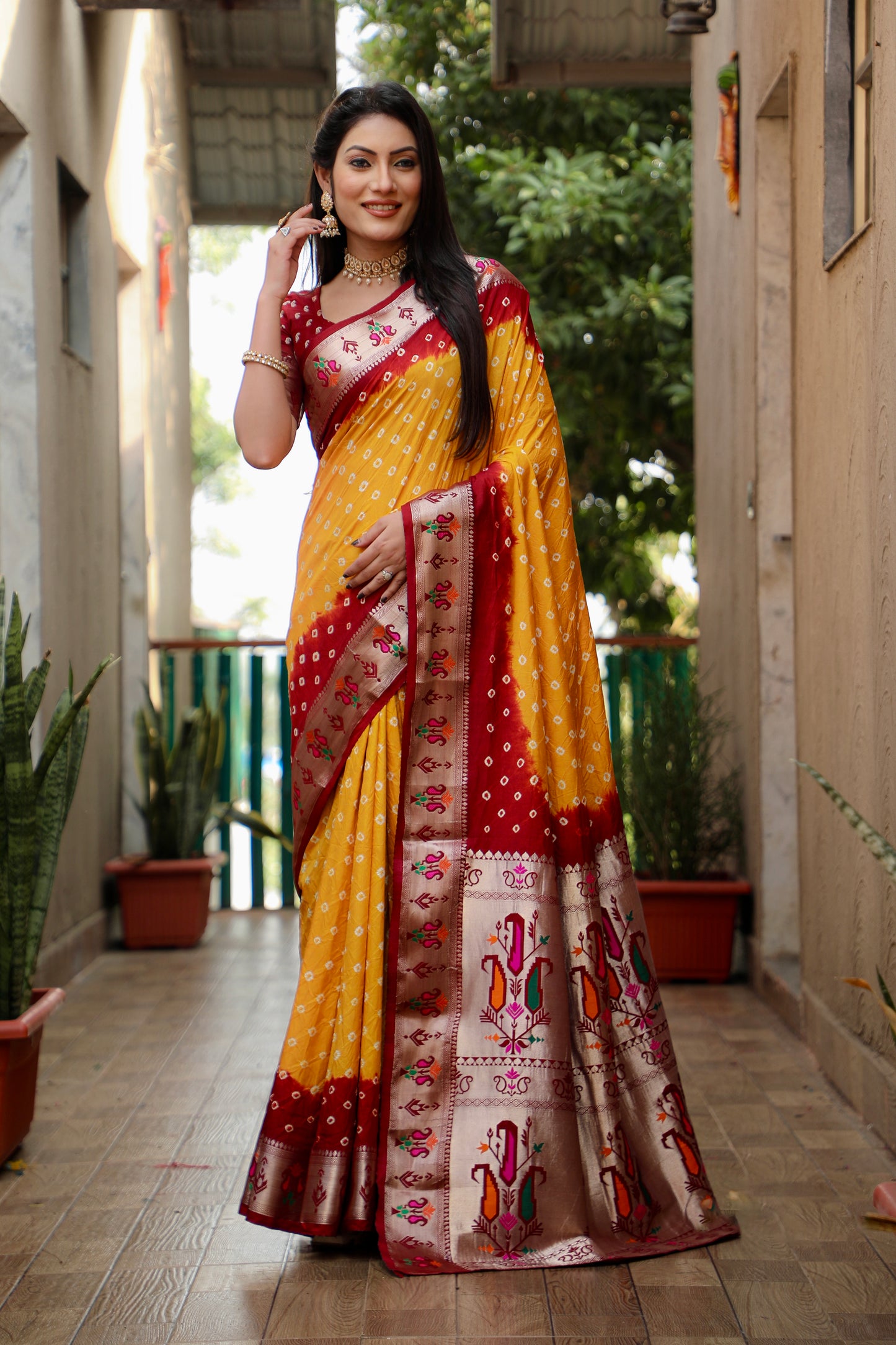 Yellow Chandani Dola Soft Silk Bandhej Sarees Jari Paithani Weaving Border & Weaving Paithani Style Rich Pallu