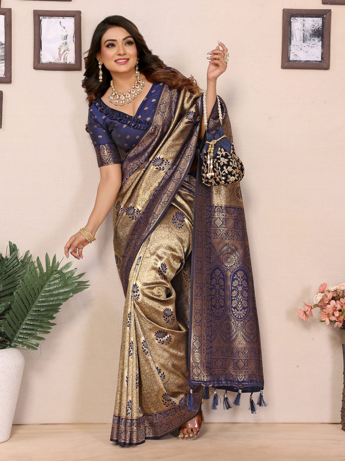 Blue Mahek Handloom Tissue Silk Sarees with Zari Weaving and Contrast Zari borders