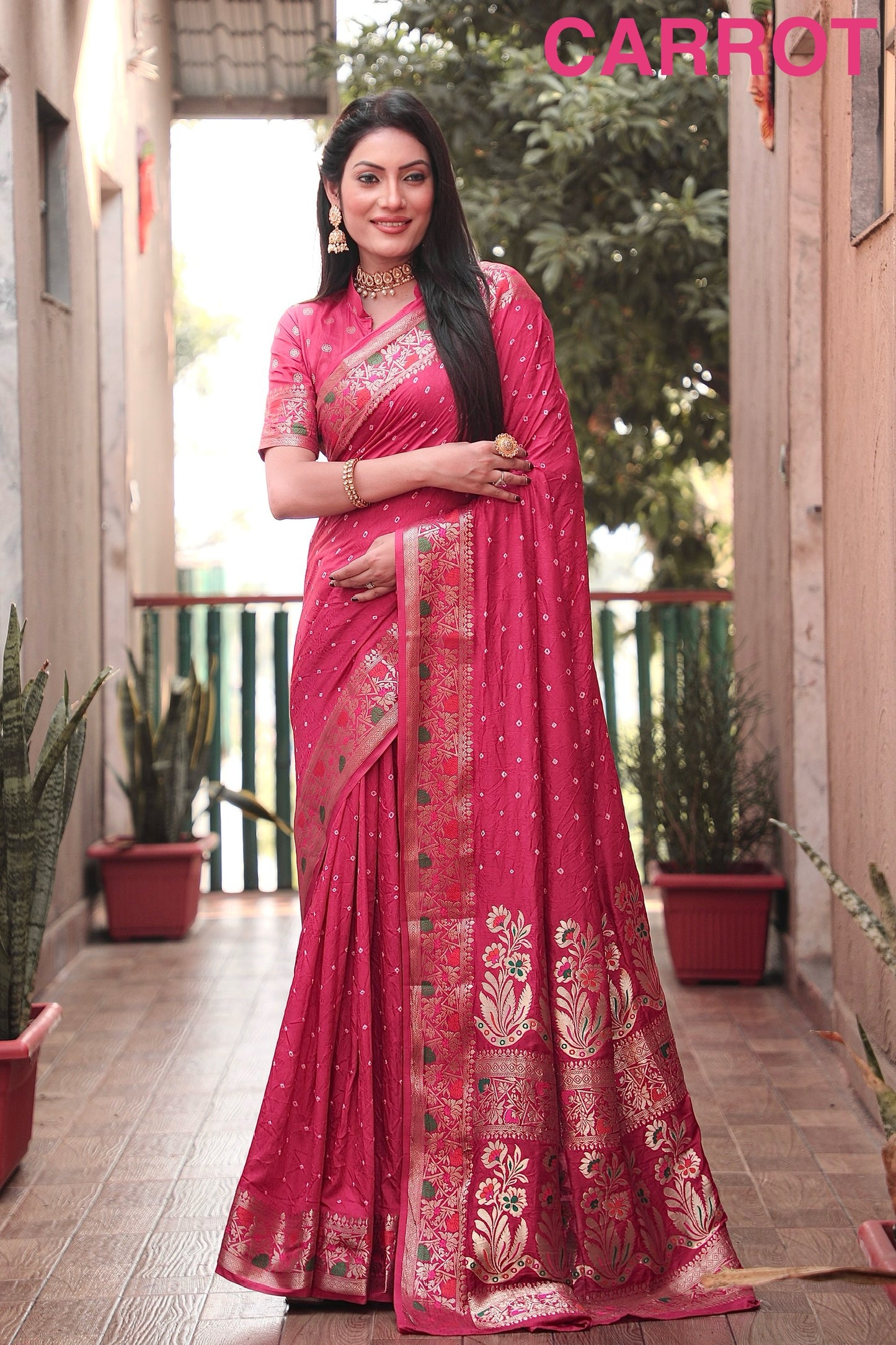 Carrot Nazakat Pure Bandhej Silk Saree With Patola Border Zari Weaving Paithani And Paithani Rich Pallu