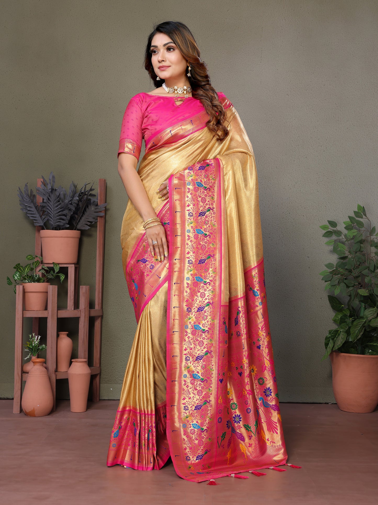 Begie Mrudangi Pure Banarasi Tissue silk sarees contrast Paithani woven border classic pallu
