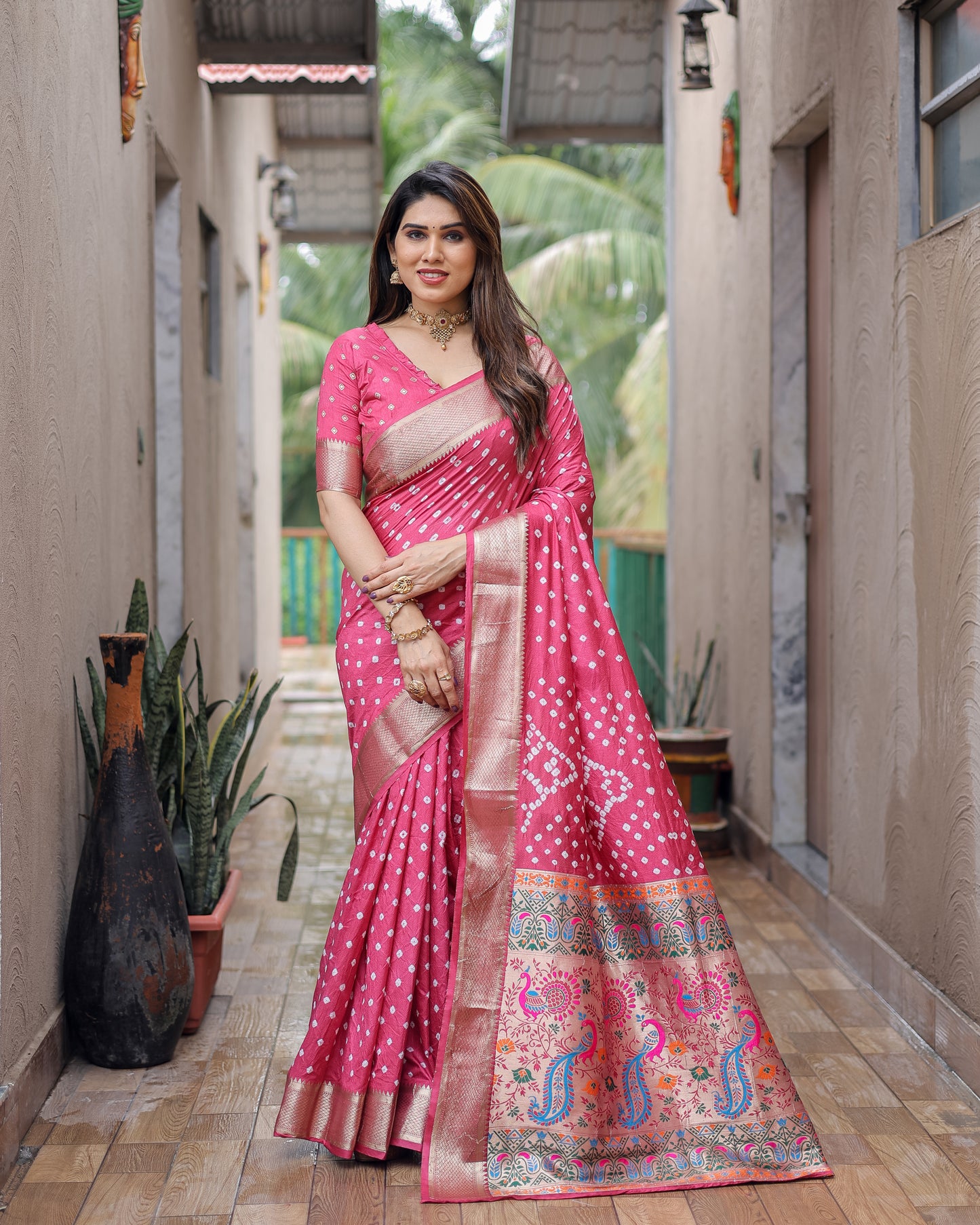Pink Yashomati Dola Soft Silk Bandhej Sarees With Awesome Two Sides Jari Border & Paithani Style Rich Pallu