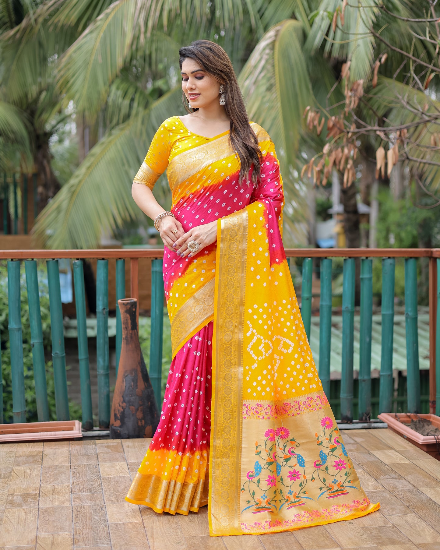 Pink Devika Dola Soft Silk Bandhej Sarees Jari Paithani Weaving Border & Weaving Paithani Style Rich Pallu
