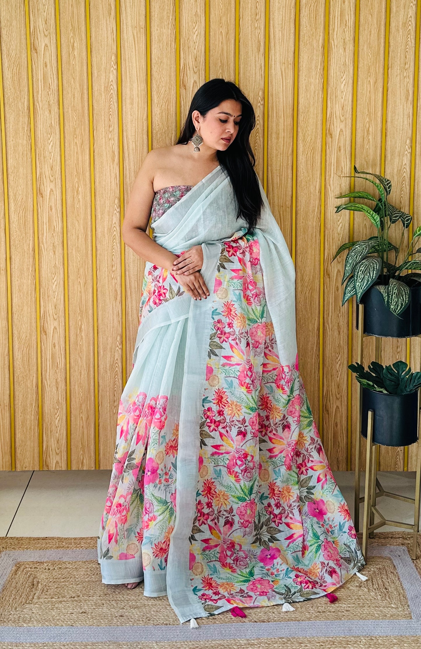 Light Green Mayuri Soft Linen Cotton Digital Print Saree With Batik Print With Silver Border