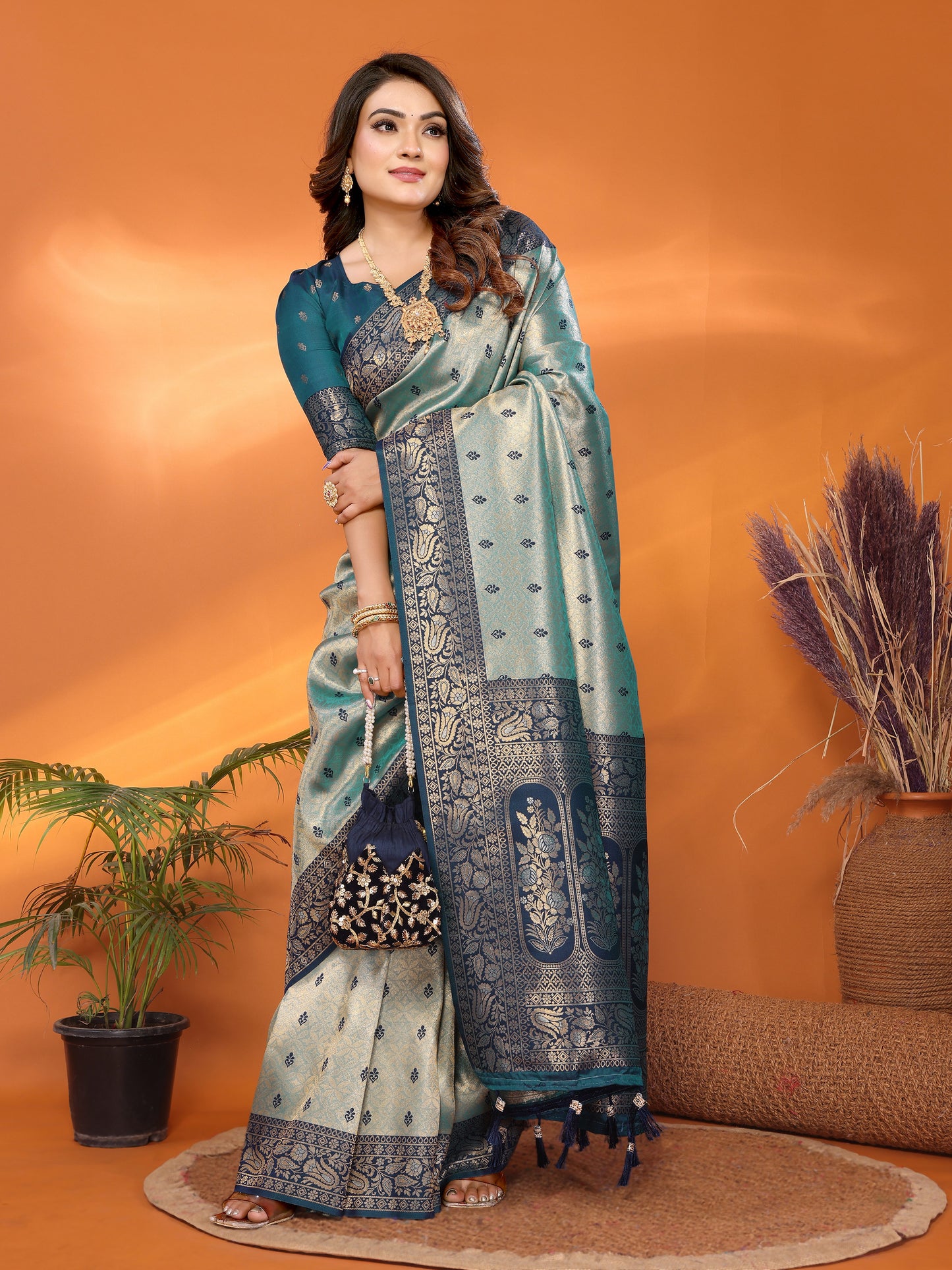 Teal Devika Handloom Tissue Silk Sarees with Zari Weaving and Contrast Zari woven borders