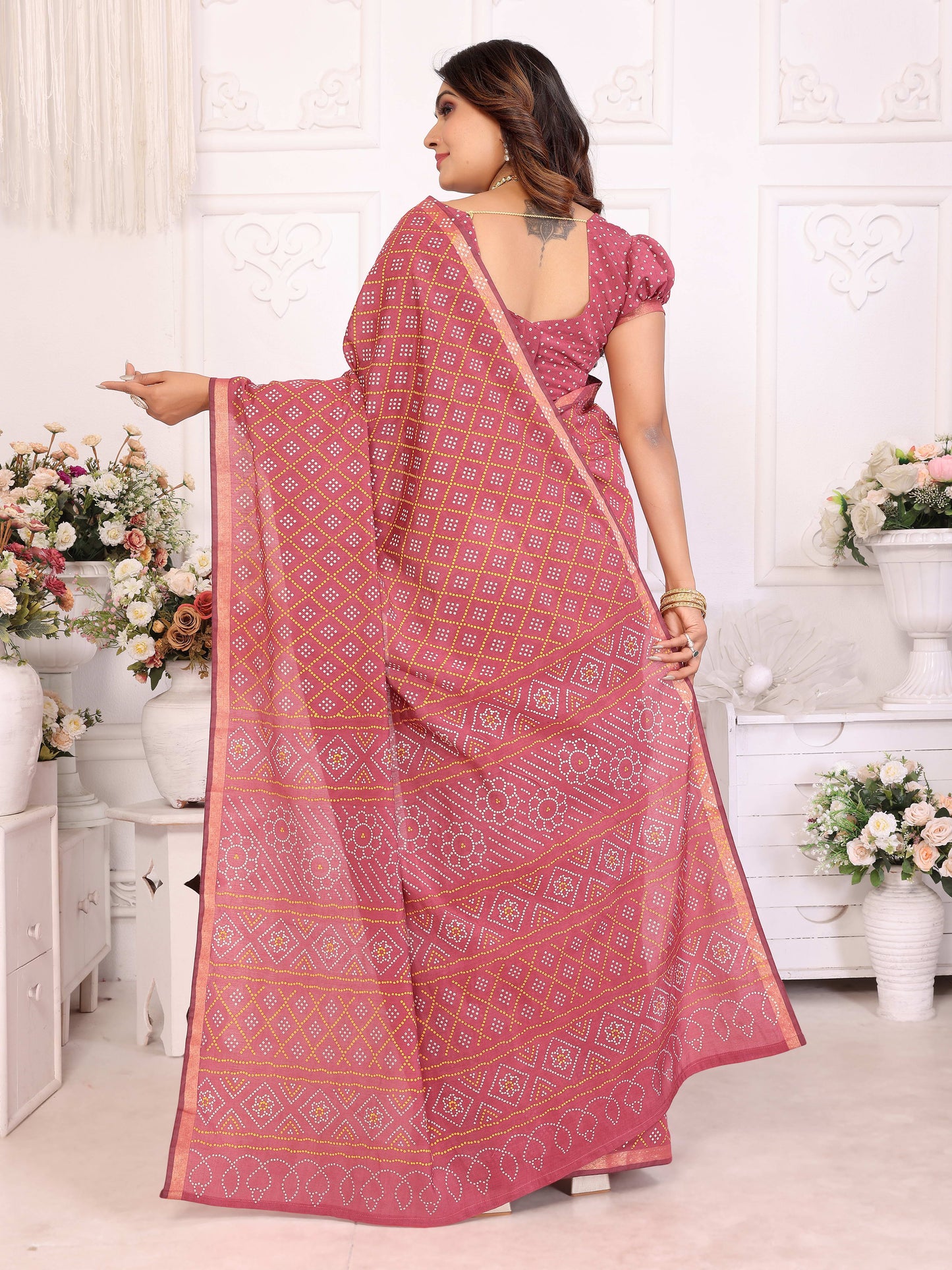 Maroon Amba Pure Patola And Bandhej Pattern Soft Cotton Light Weight Saree