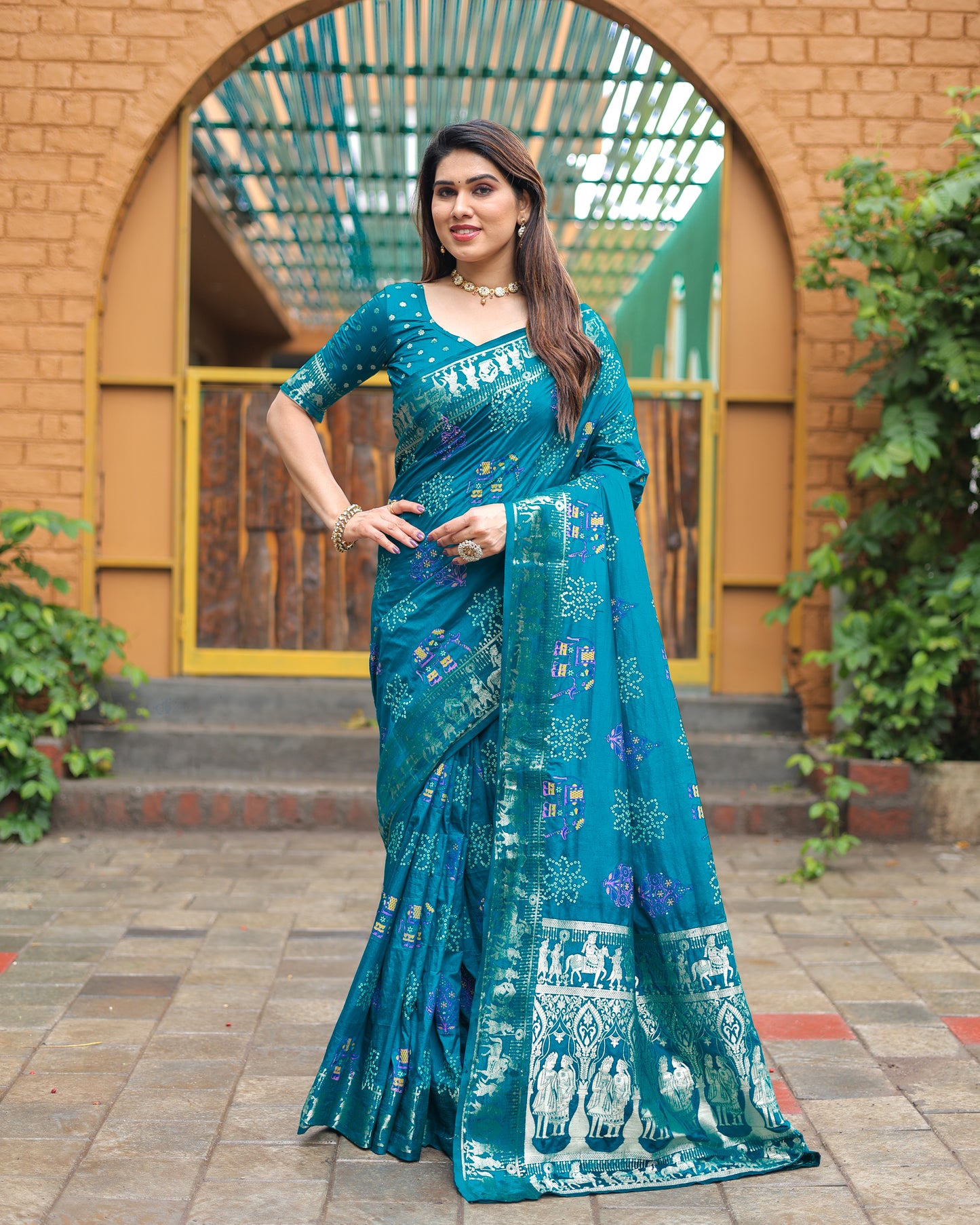 Sky Mastani Soft Dola Silk Bandhej Print Sarees With Kanchi Weaving Border And Allover Zari Border