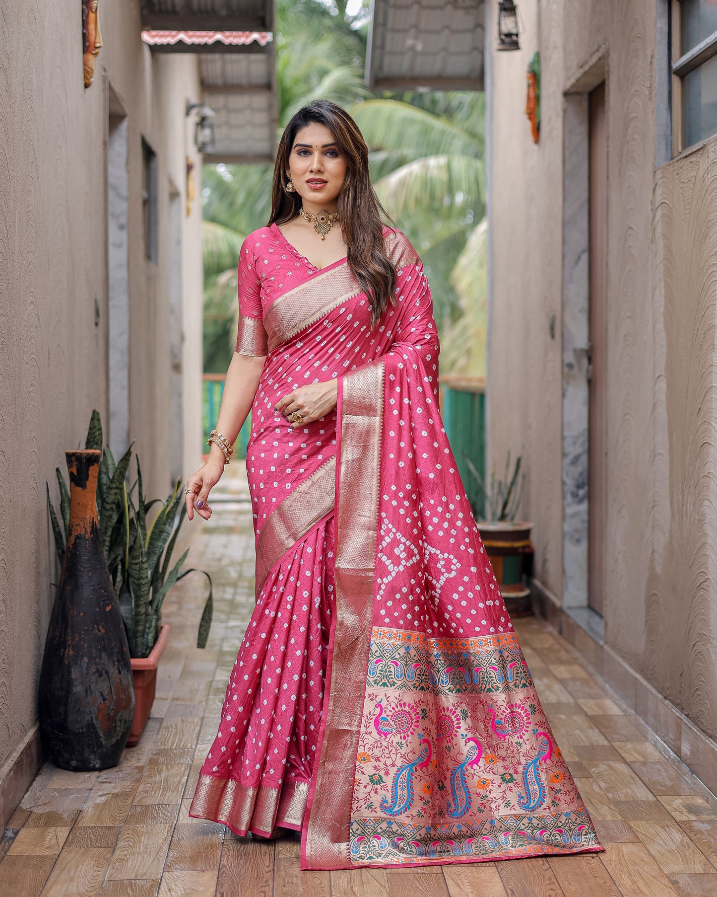 Pink Yashomati Dola Soft Silk Bandhej Sarees With Awesome Two Sides Jari Border & Paithani Style Rich Pallu