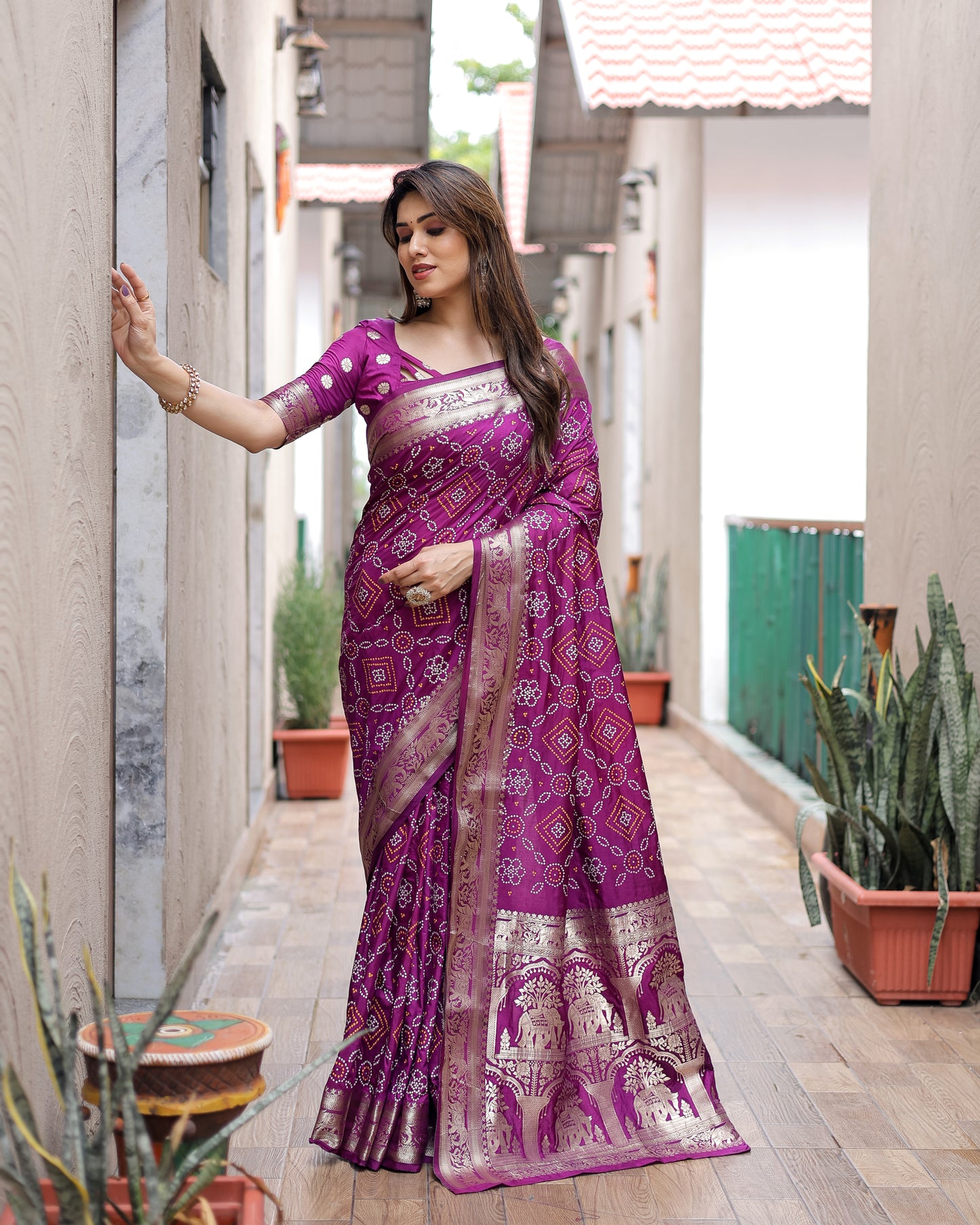 Purple Pushpavati Soft Dola Silk Bandhej Sarees With Kanchi Weaving Border With Multicolour Bandhej Block Print Design