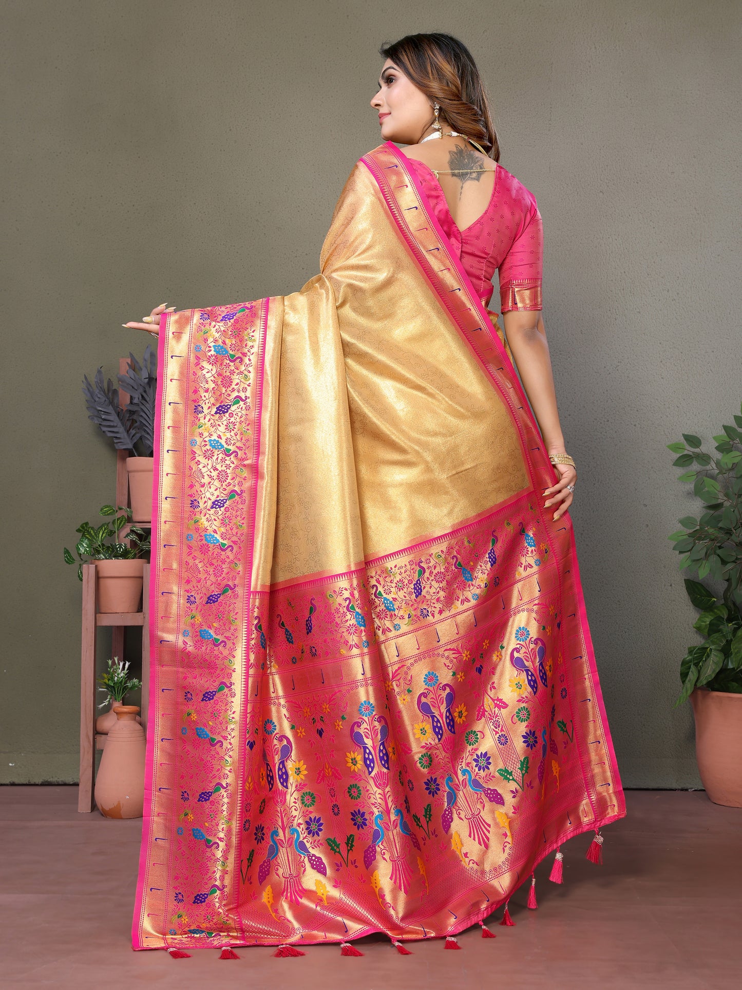 Begie Mrudangi Pure Banarasi Tissue silk sarees contrast Paithani woven border classic pallu