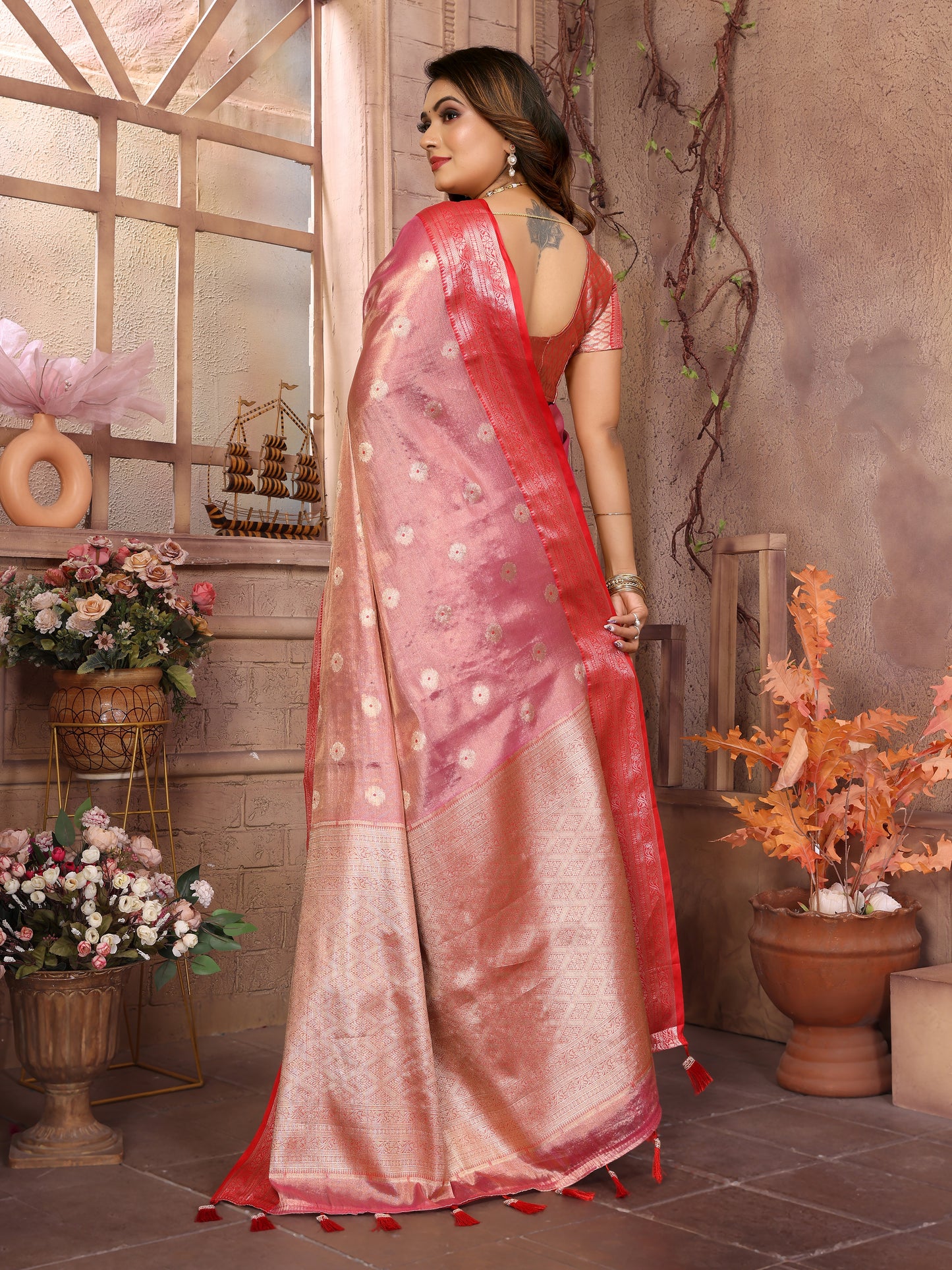 Peach Anita Handloom Tissue Silk Sarees with Zari Weaving Designs and Zari borders Rich Pallu