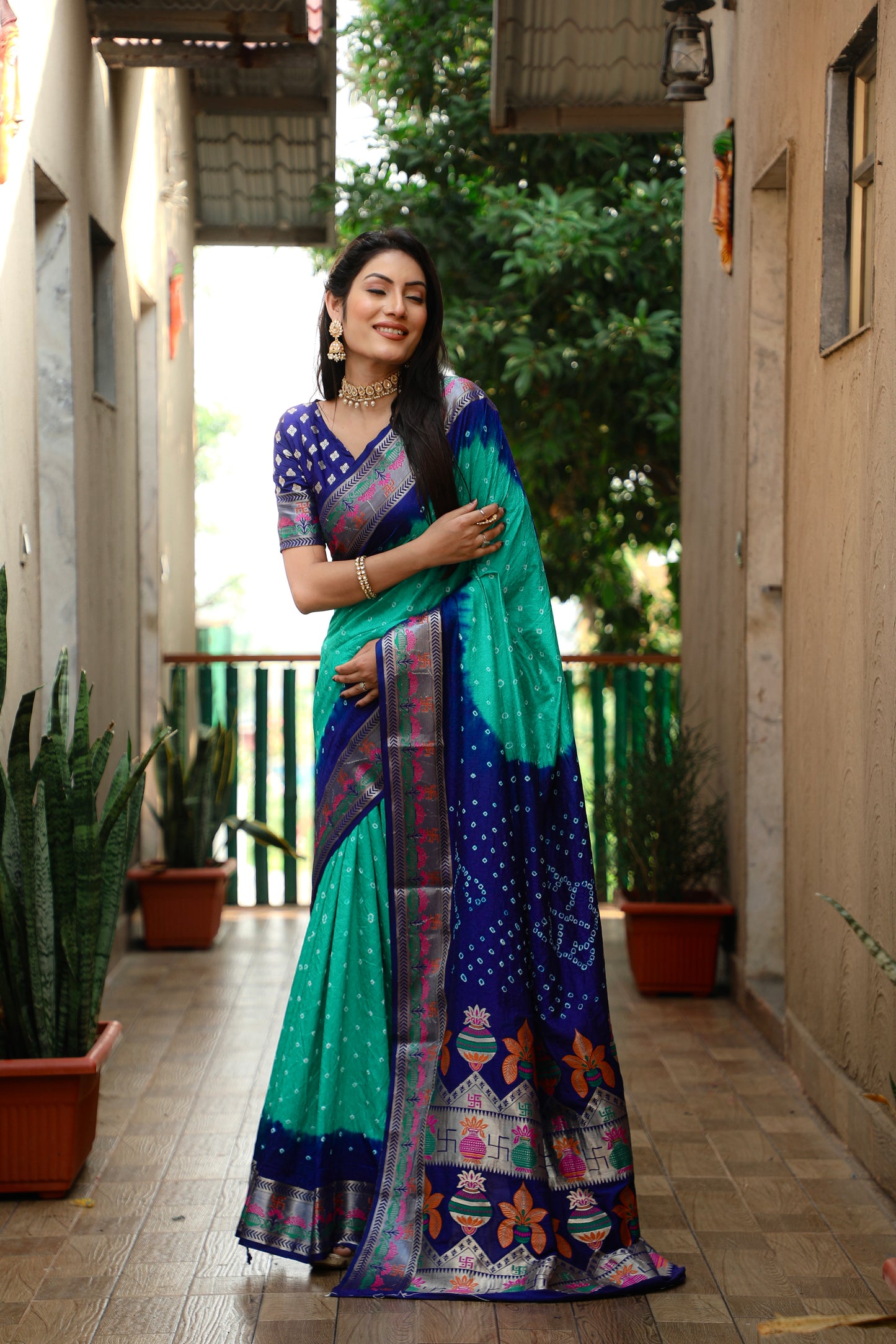 Sky Swastik Pure Bandhej Silk Saree With Minakari Border Kalash & Swastik Design Rich Pallu Saree