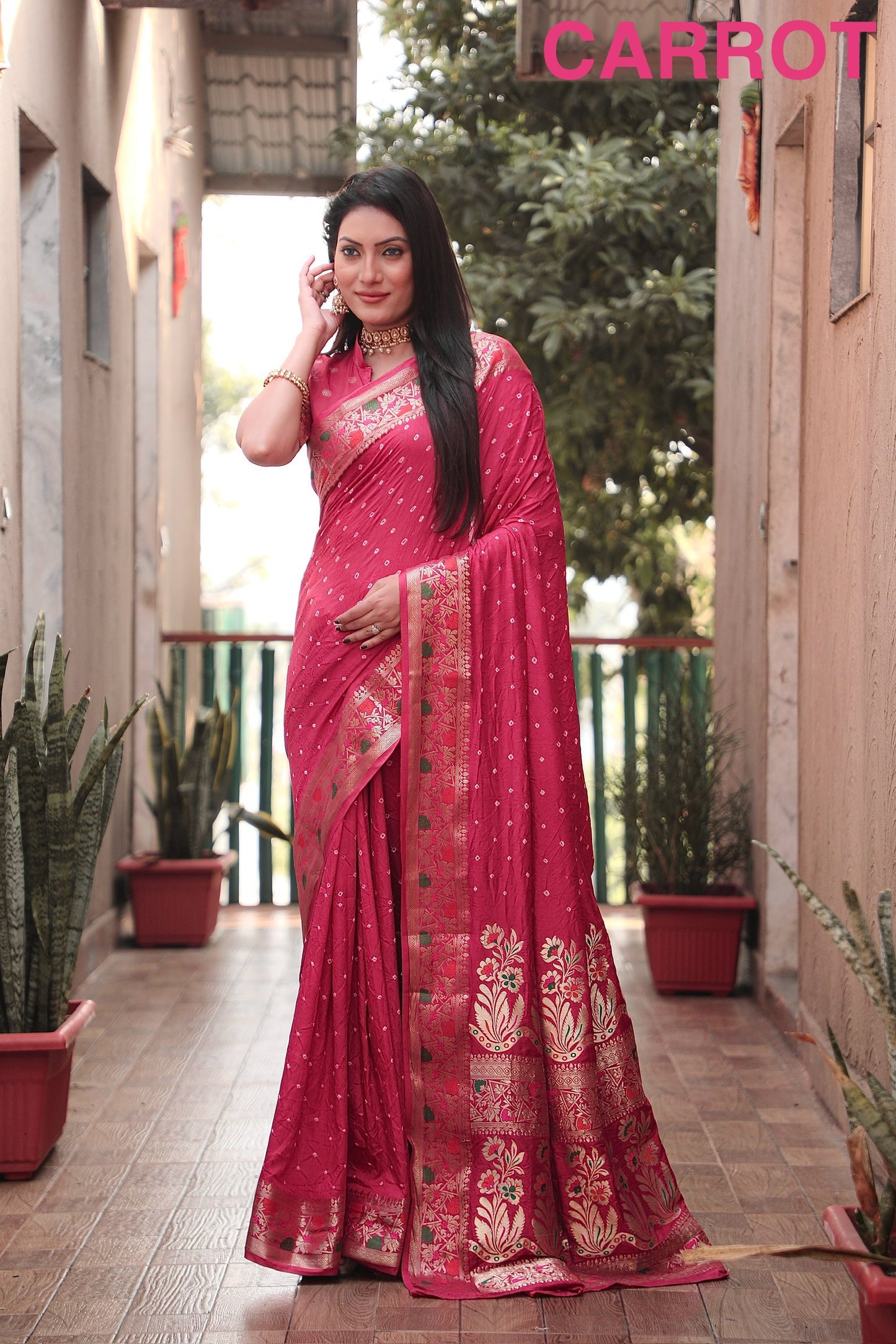 Carrot Nazakat Pure Bandhej Silk Saree With Patola Border Zari Weaving Paithani And Paithani Rich Pallu