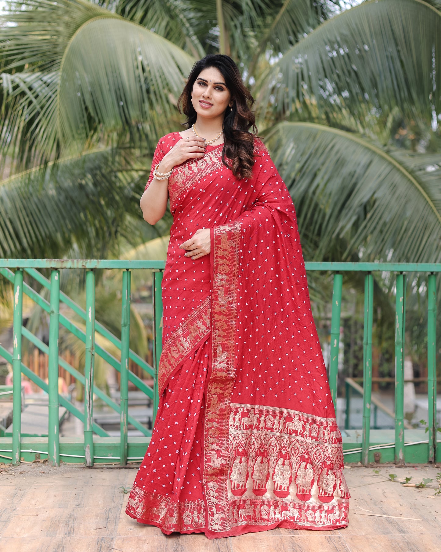 Red Mausami Pure Bandhej Silk Saree With Zari Weaving Border & Rich Pallu With Beautiful Design And Broad Border