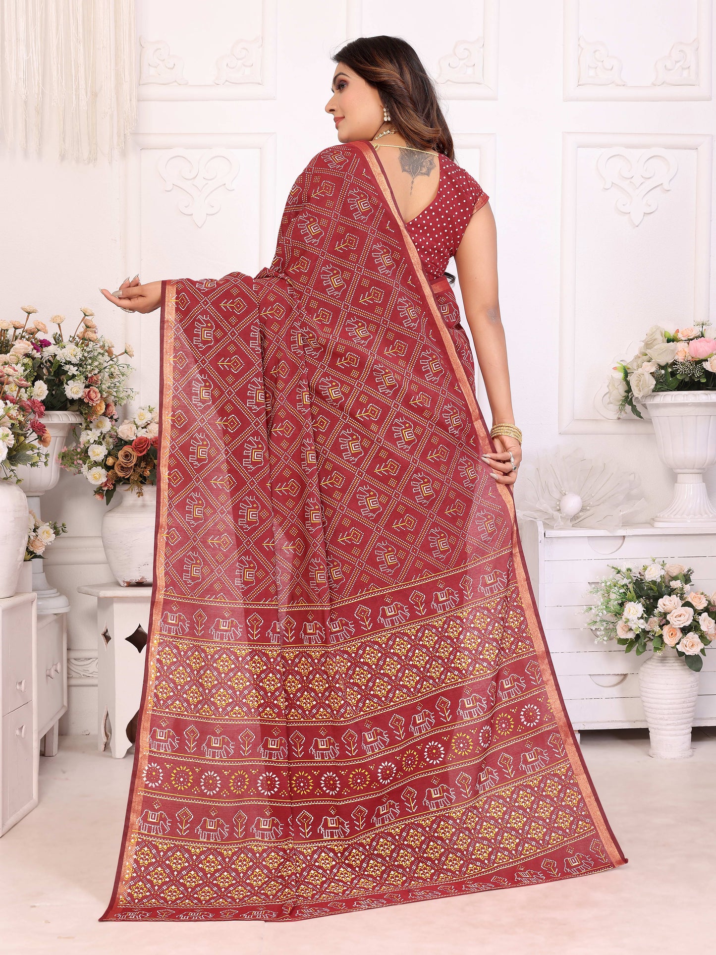 Maroon Ambika Pure Patola And Bandhej Pattern Soft Cotton Light Weight Saree