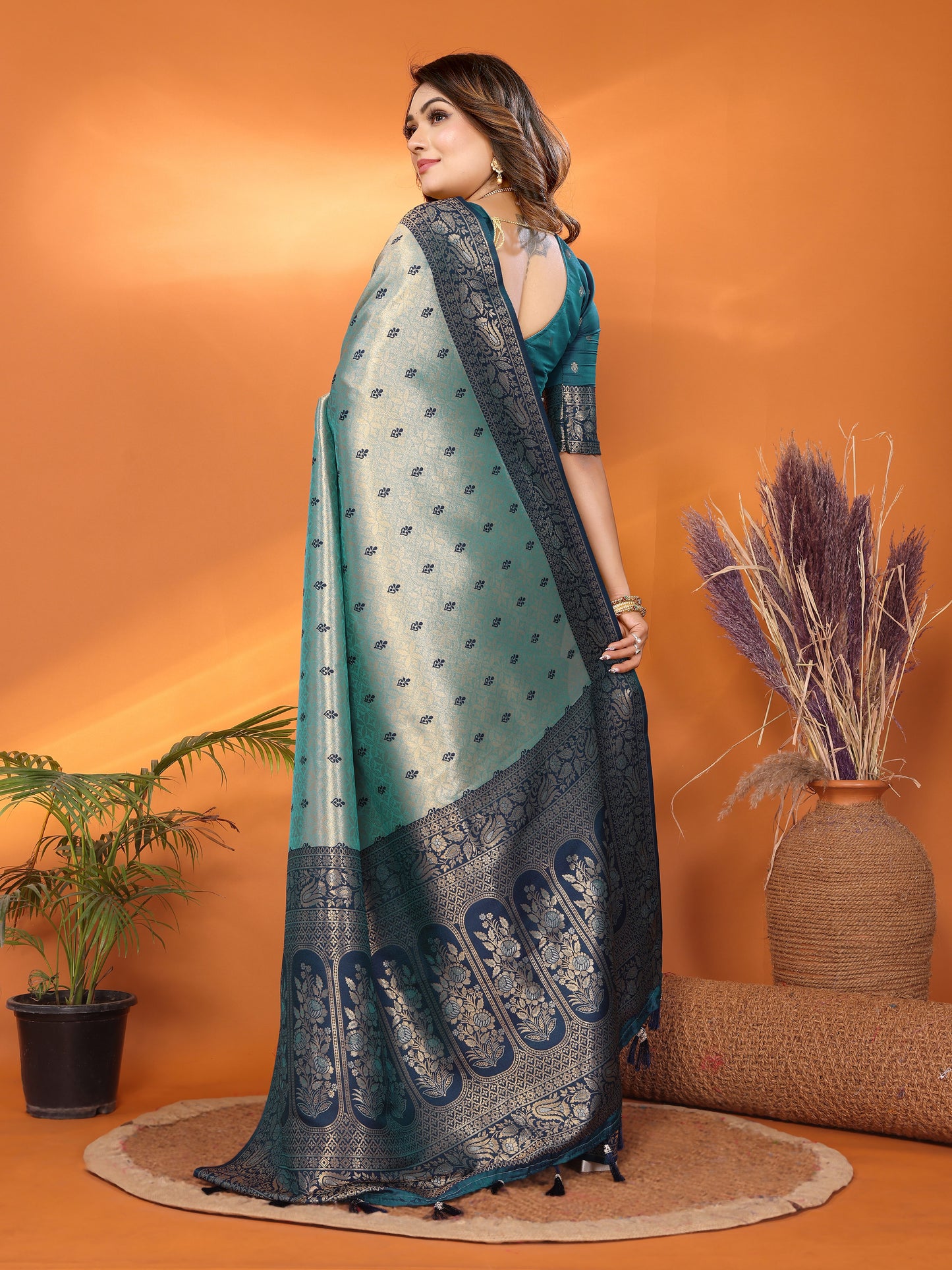 Teal Devika Handloom Tissue Silk Sarees with Zari Weaving and Contrast Zari woven borders