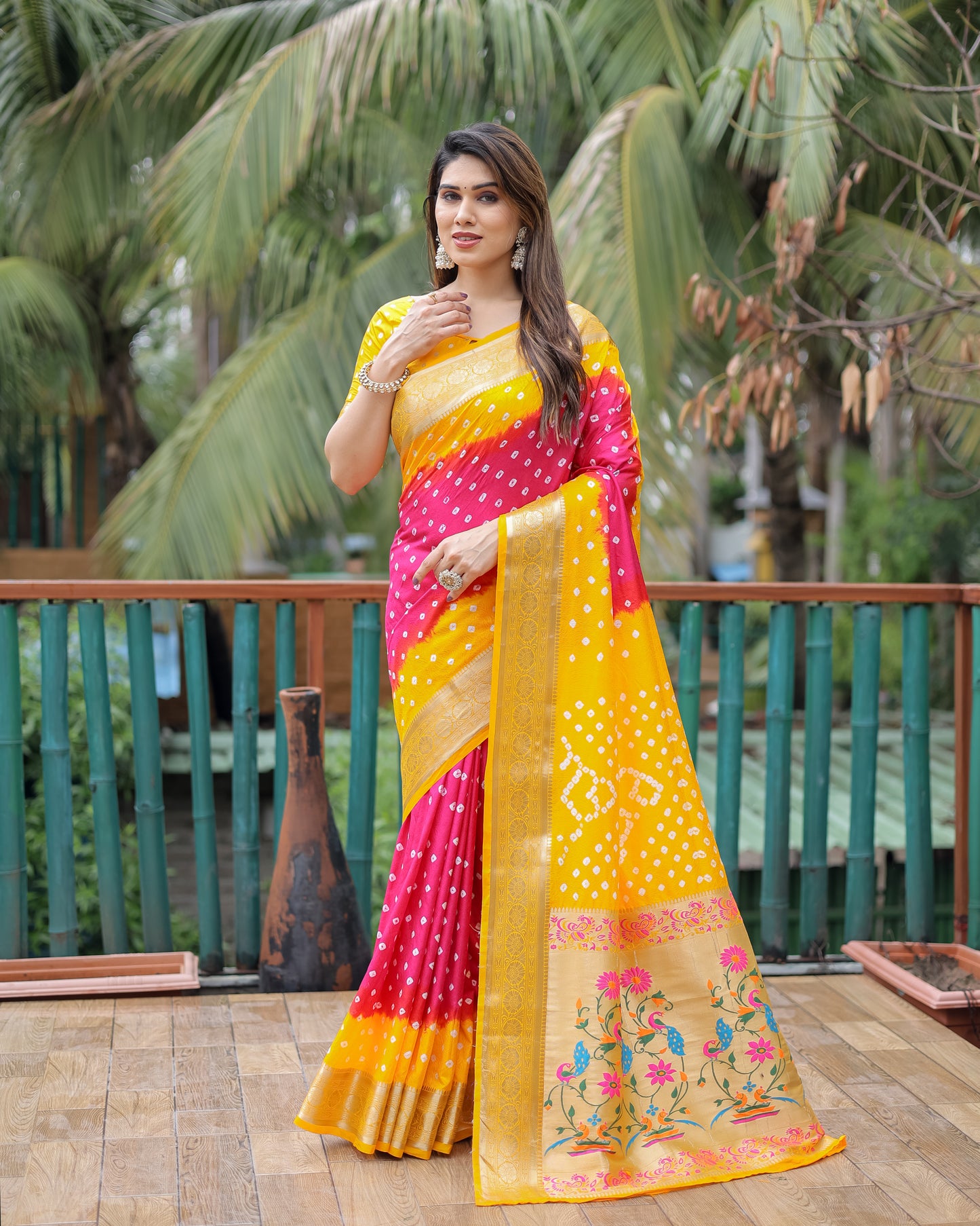 Pink Devika Dola Soft Silk Bandhej Sarees Jari Paithani Weaving Border & Weaving Paithani Style Rich Pallu