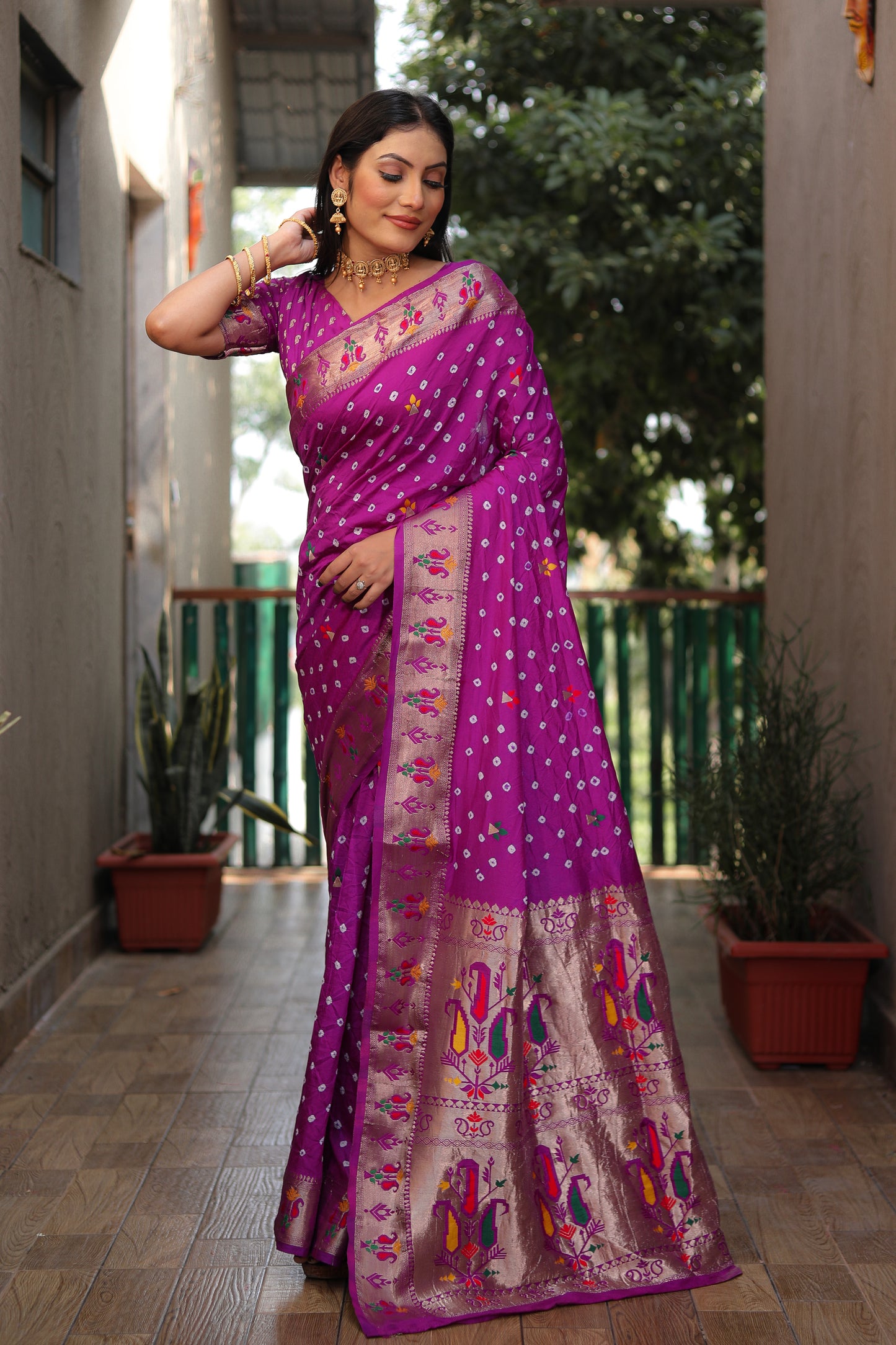 Purple Yogeshwari Dola Soft Silk Bandhej Saree With Jari Border & Weaving Paithani Style Rich Pallu