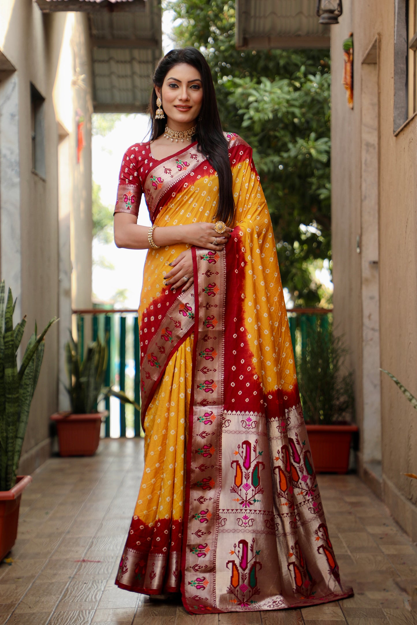 Yellow Chandani Dola Soft Silk Bandhej Sarees Jari Paithani Weaving Border & Weaving Paithani Style Rich Pallu