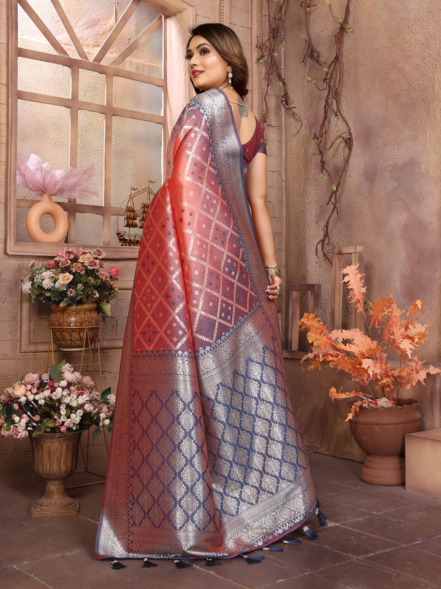 Peach Kundan kochi silk saree with beautiful Checks weaving exclusive work soft comfy