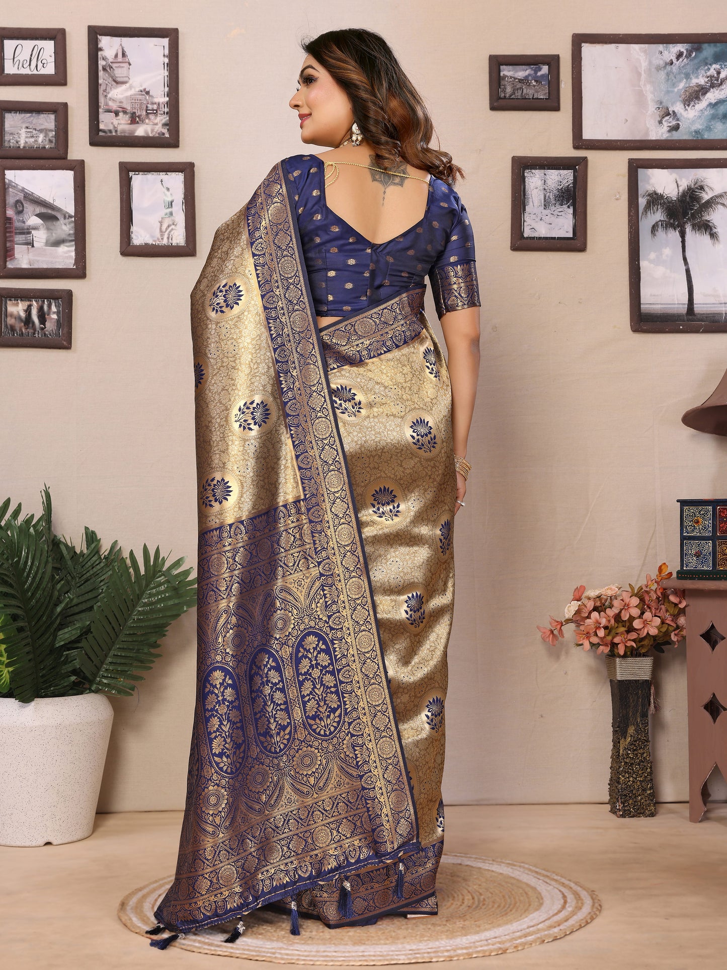 Blue Mahek Handloom Tissue Silk Sarees with Zari Weaving and Contrast Zari borders