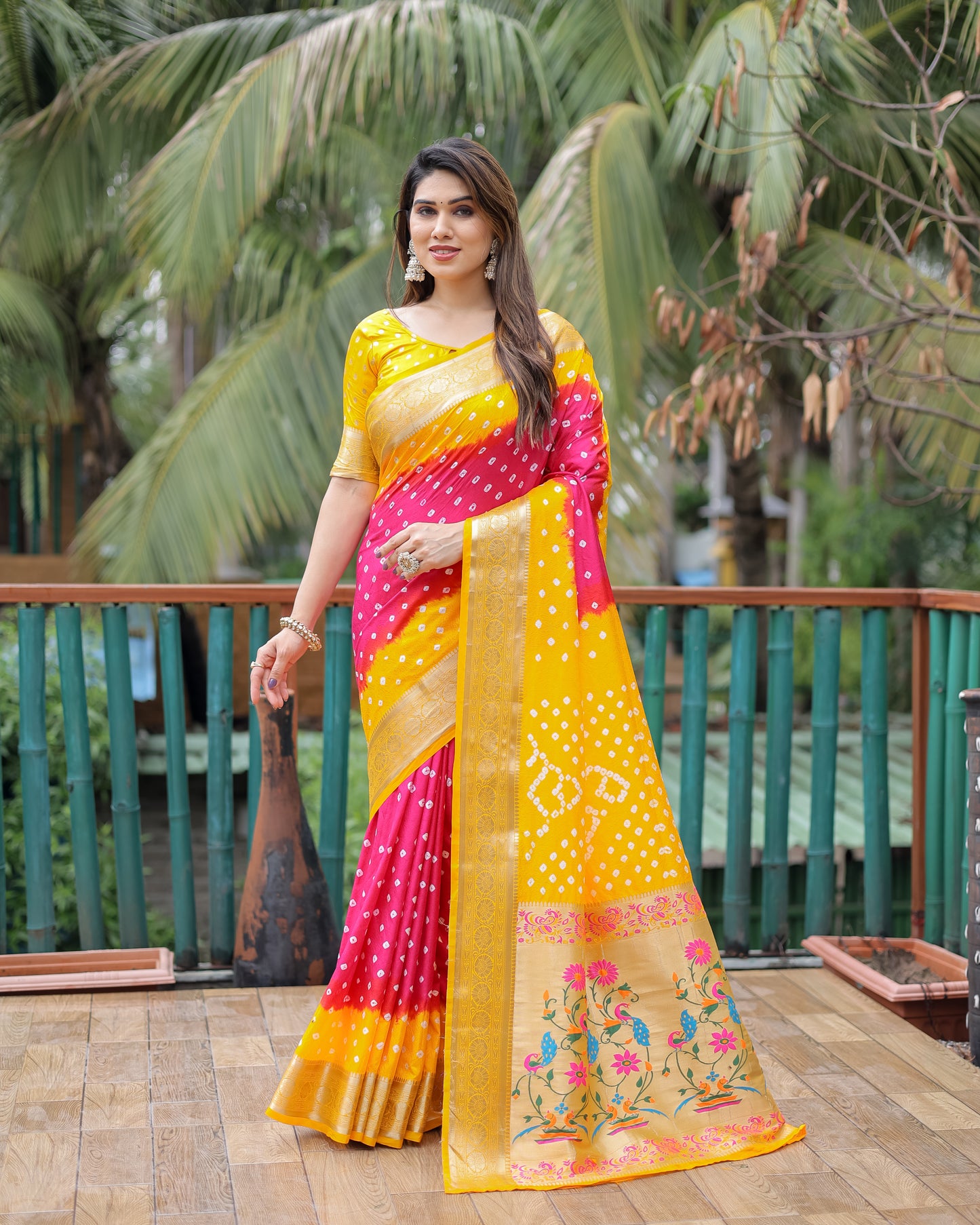 Pink Devika Dola Soft Silk Bandhej Sarees Jari Paithani Weaving Border & Weaving Paithani Style Rich Pallu