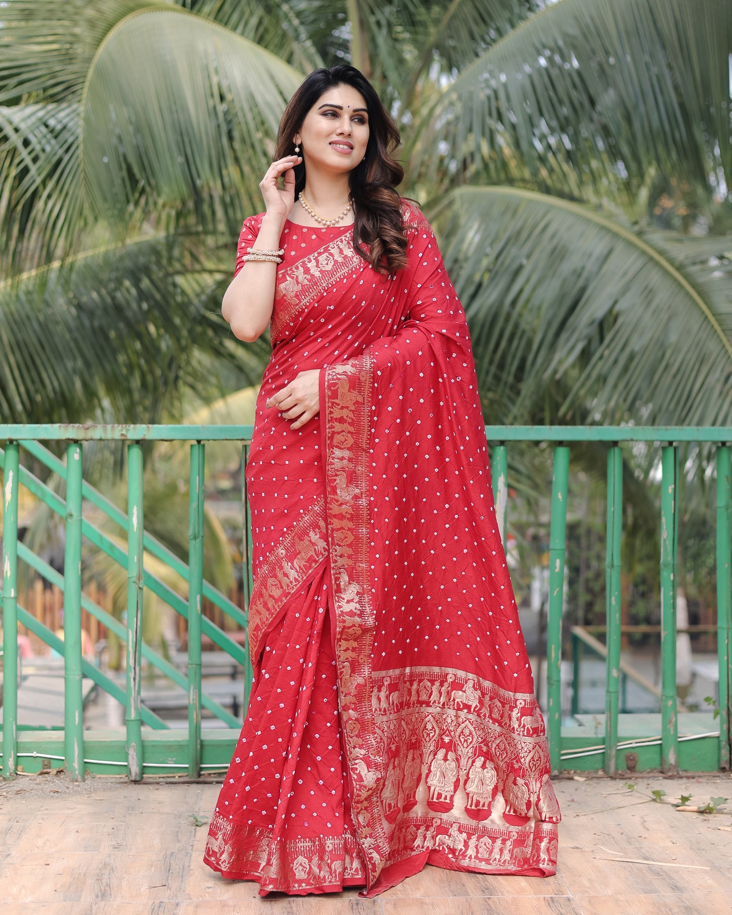 Red Mausami Pure Bandhej Silk Saree With Zari Weaving Border & Rich Pallu With Beautiful Design And Broad Border