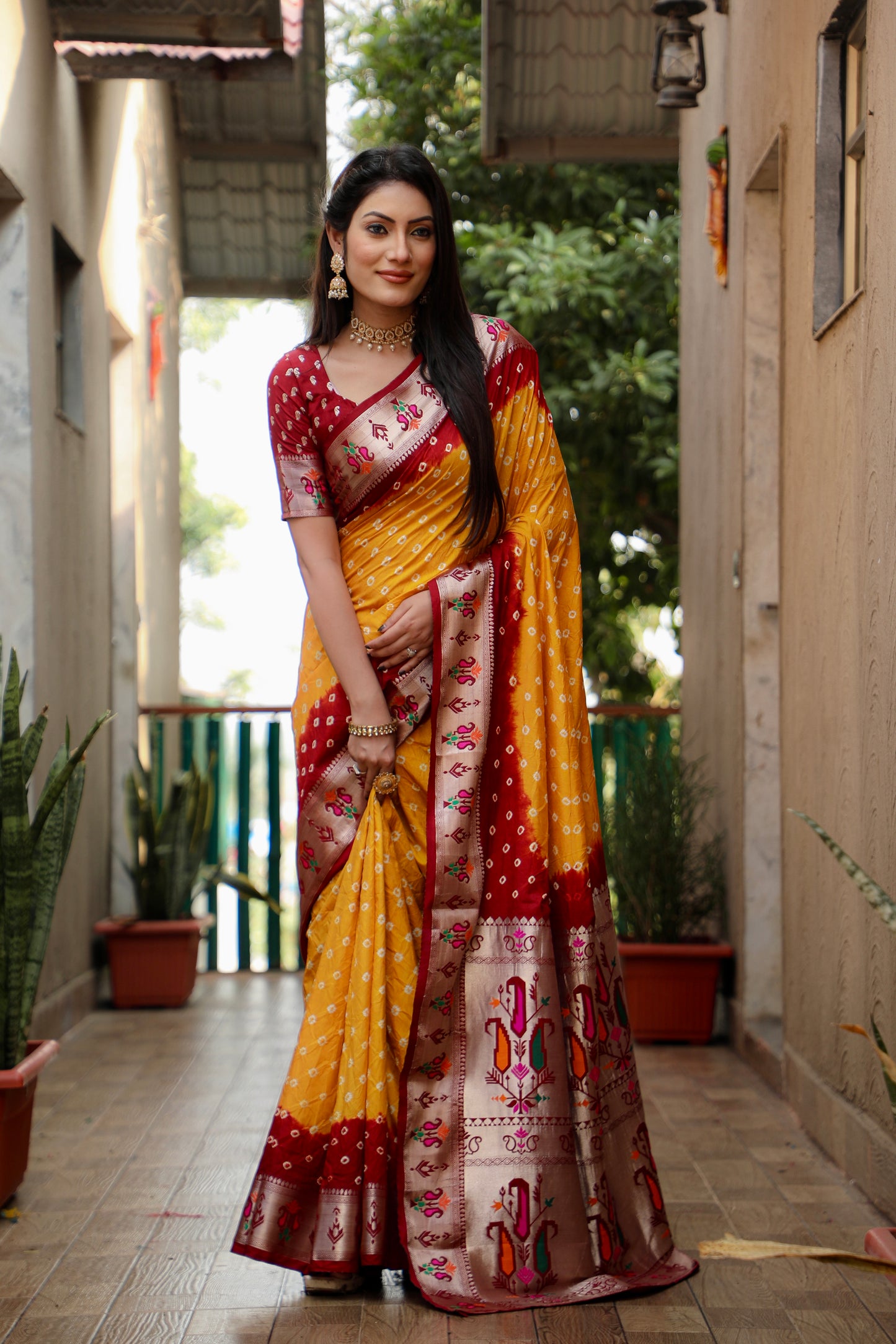 Yellow Chandani Dola Soft Silk Bandhej Sarees Jari Paithani Weaving Border & Weaving Paithani Style Rich Pallu