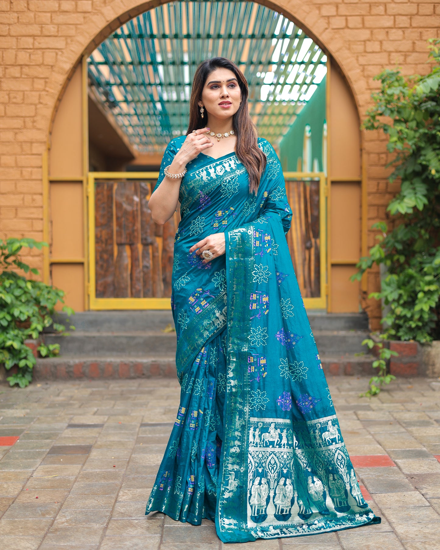 Sky Mastani Soft Dola Silk Bandhej Print Sarees With Kanchi Weaving Border And Allover Zari Border