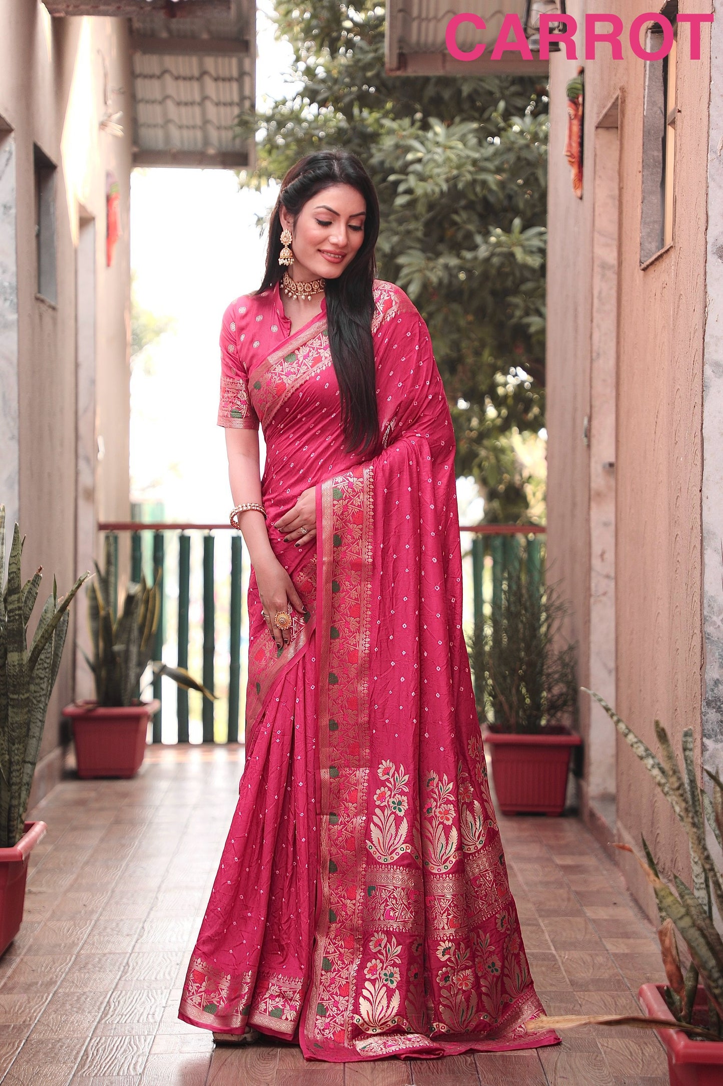 Carrot Nazakat Pure Bandhej Silk Saree With Patola Border Zari Weaving Paithani And Paithani Rich Pallu