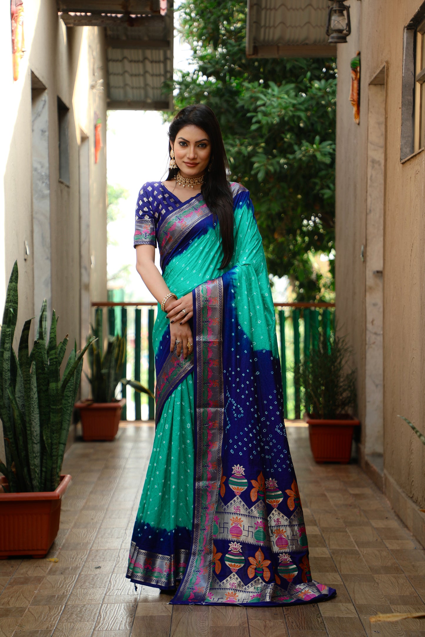 Sky Swastik Pure Bandhej Silk Saree With Minakari Border Kalash & Swastik Design Rich Pallu Saree