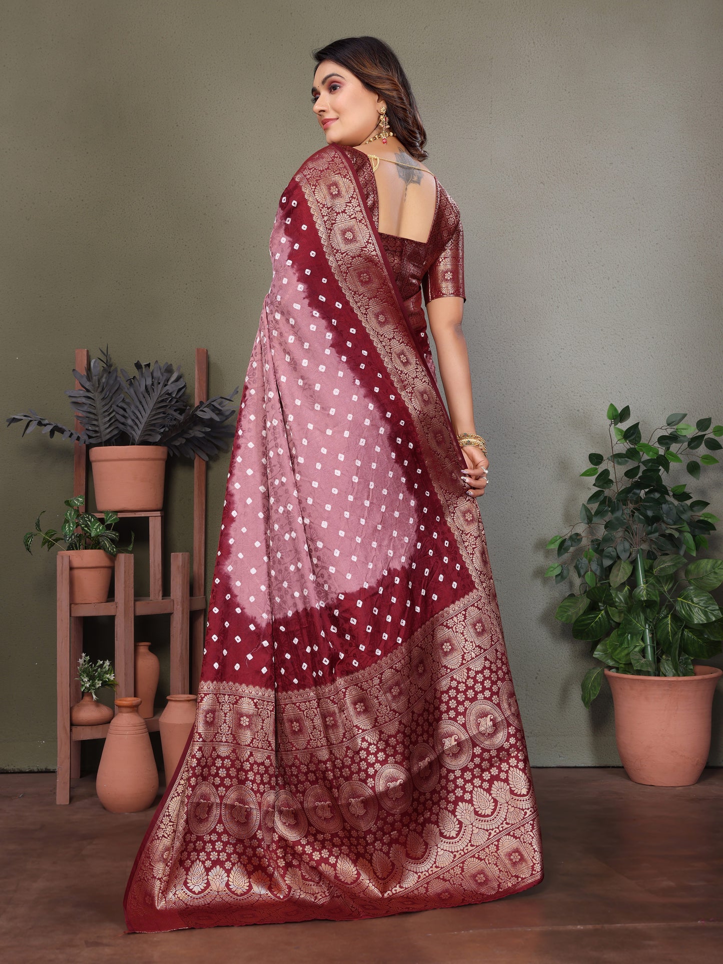 Light Pink Satyavati Bandhej Satin Silk Saree Made By Original Bandhej With Zari Weaving Border