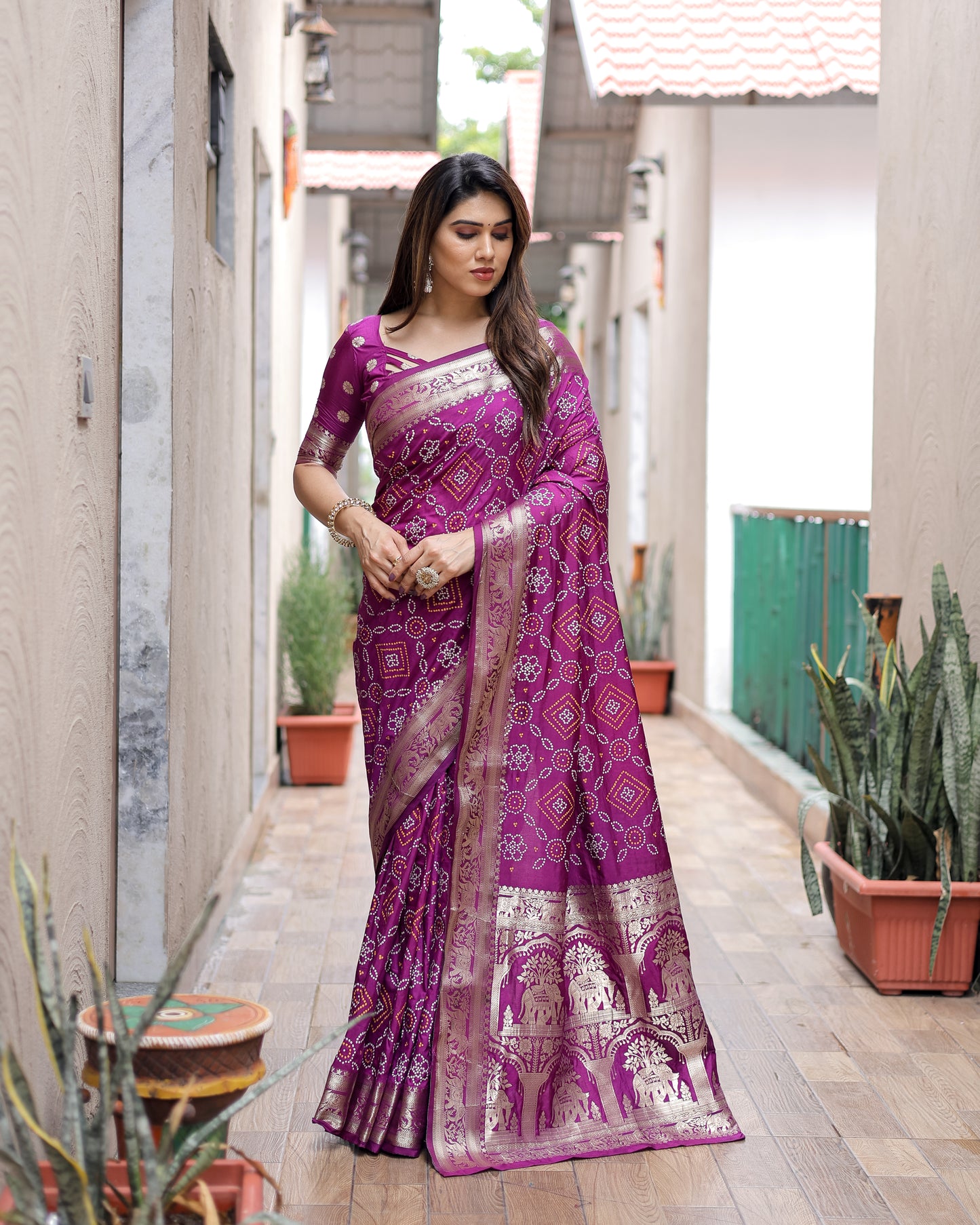 Purple Pushpavati Soft Dola Silk Bandhej Sarees With Kanchi Weaving Border With Multicolour Bandhej Block Print Design
