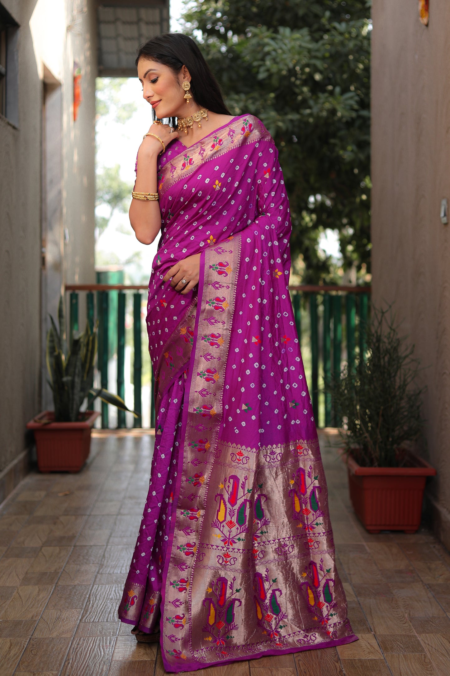 Purple Yogeshwari Dola Soft Silk Bandhej Saree With Jari Border & Weaving Paithani Style Rich Pallu