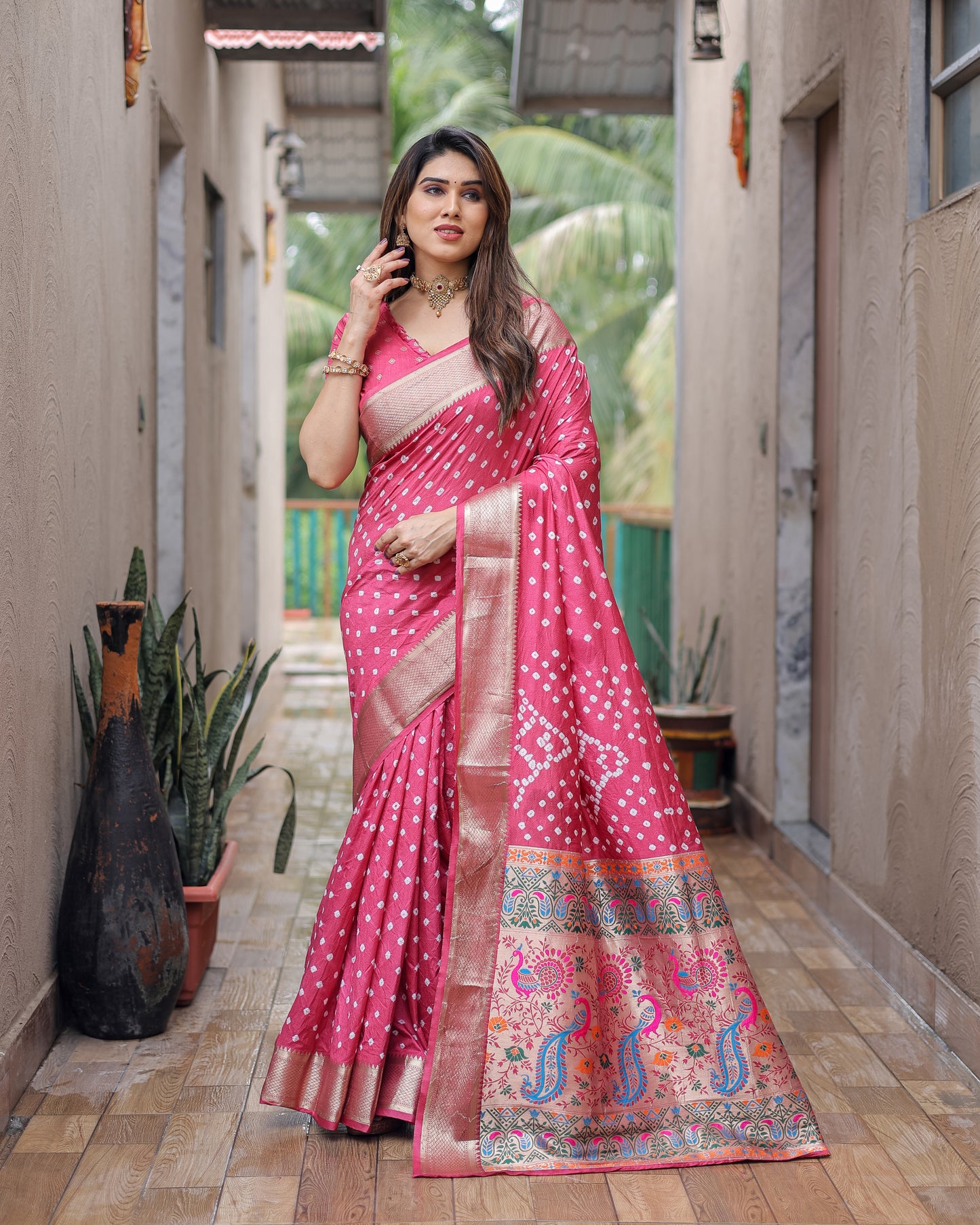 Pink Yashomati Dola Soft Silk Bandhej Sarees With Awesome Two Sides Jari Border & Paithani Style Rich Pallu