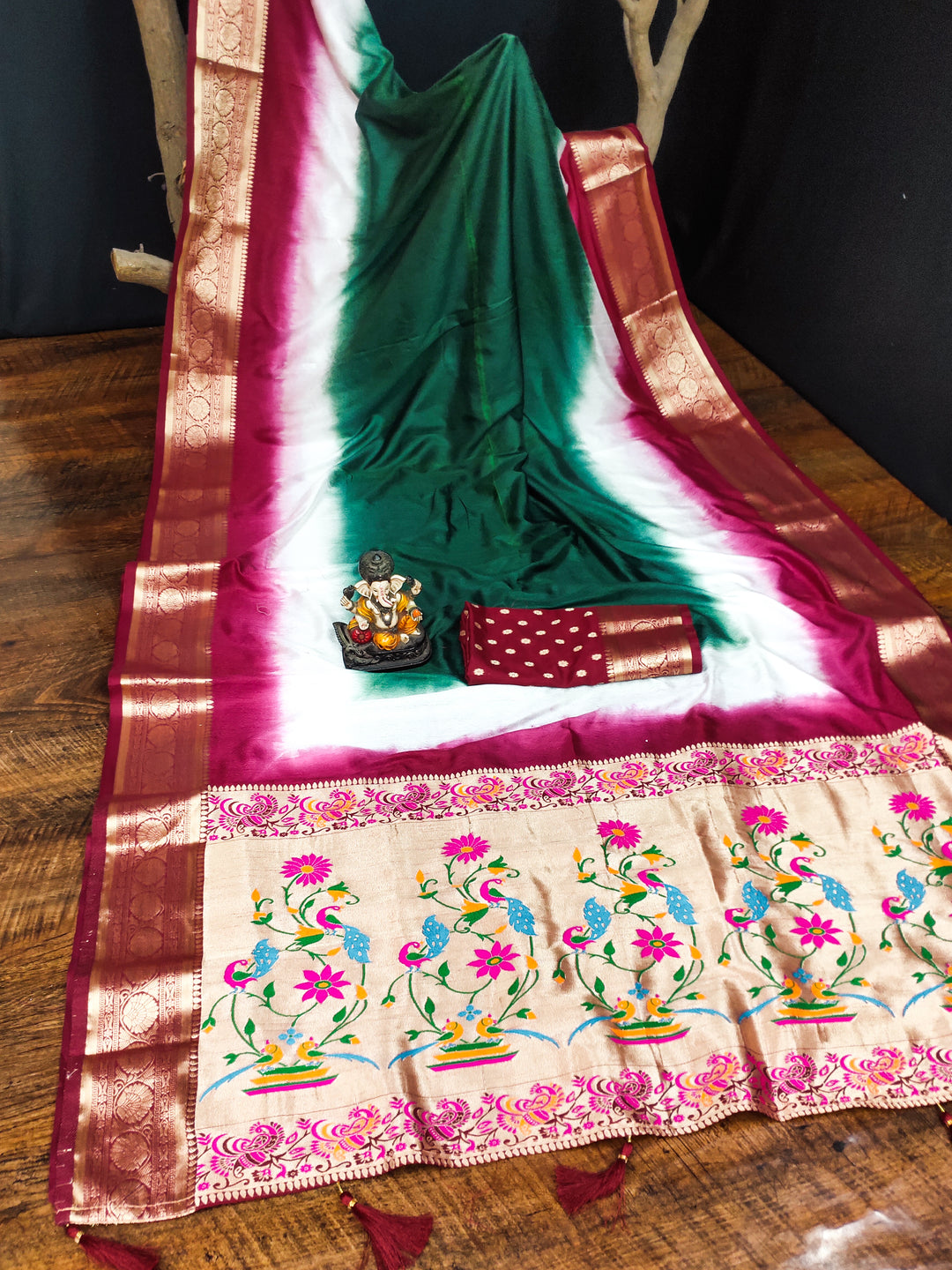 Green Rukmani Pure Paithani Saree Contrast Woven Borders And Classic Paithani Pallu